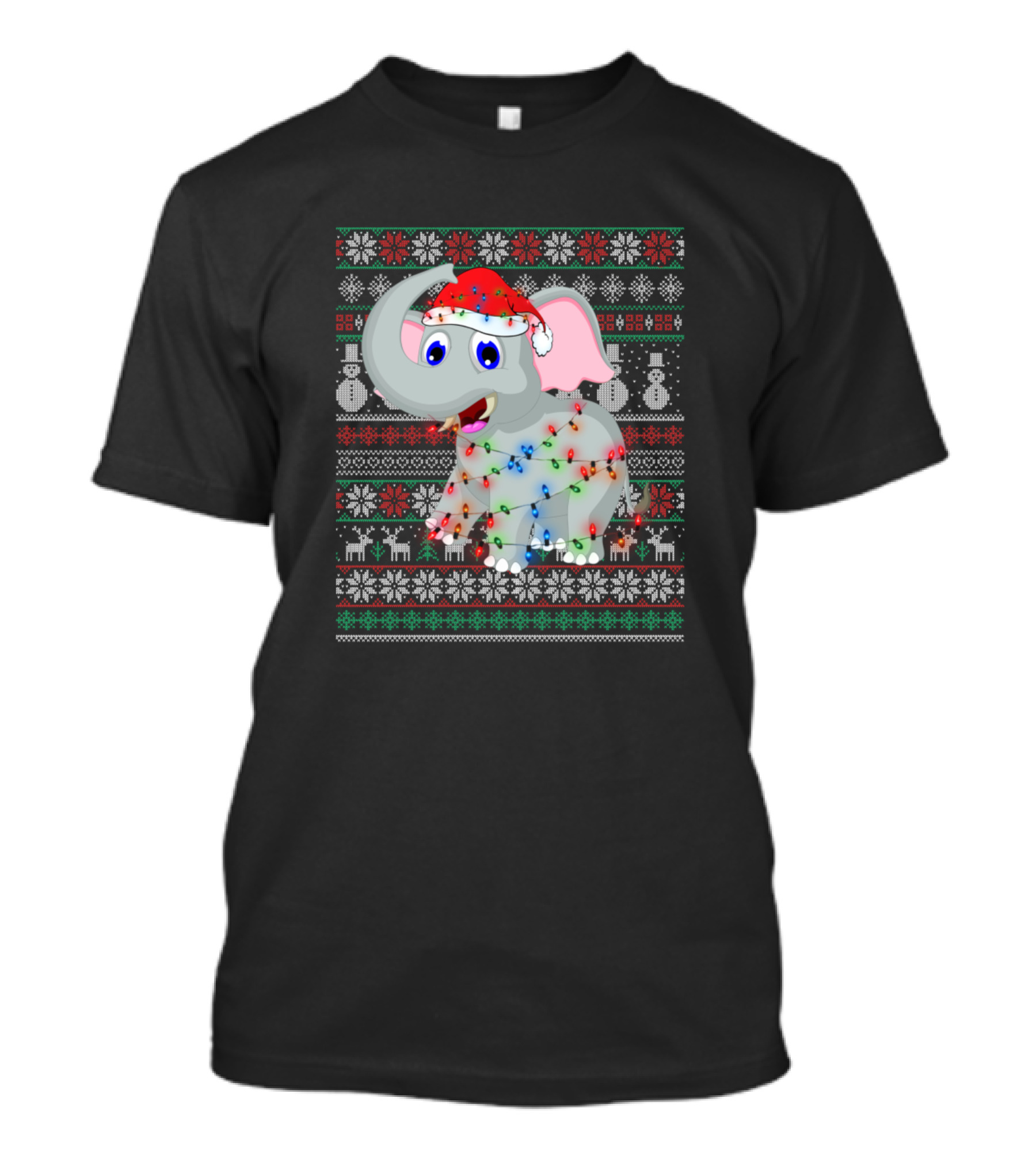 Elephant Christmas Ugly Xmas Sweater Lights Santa Hat Snowflakes Reindeer T-Shirt