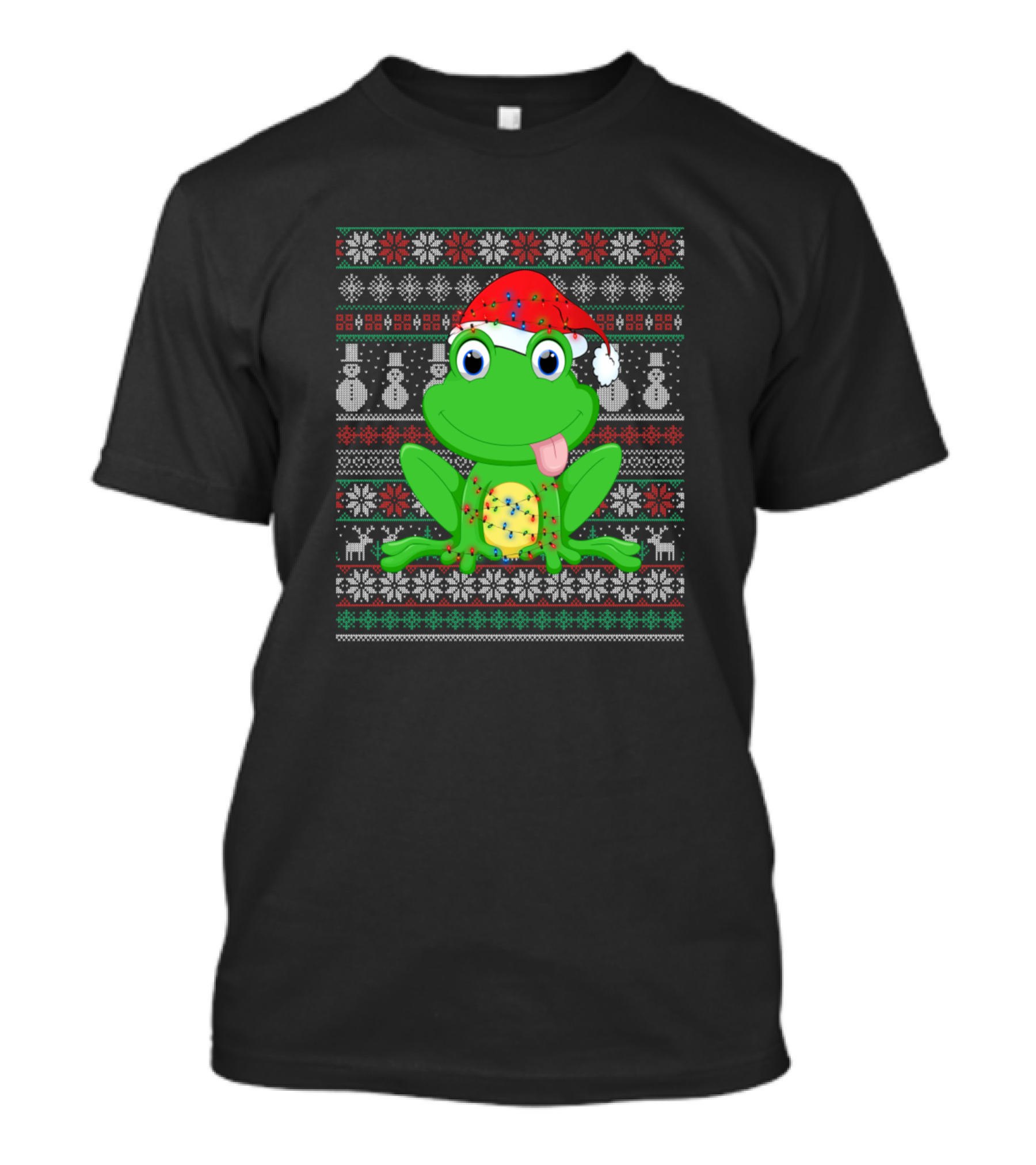 Ugly Christmas Funny Frog Wearing Santa Hat With Snowman And Reindeer T-Shirt