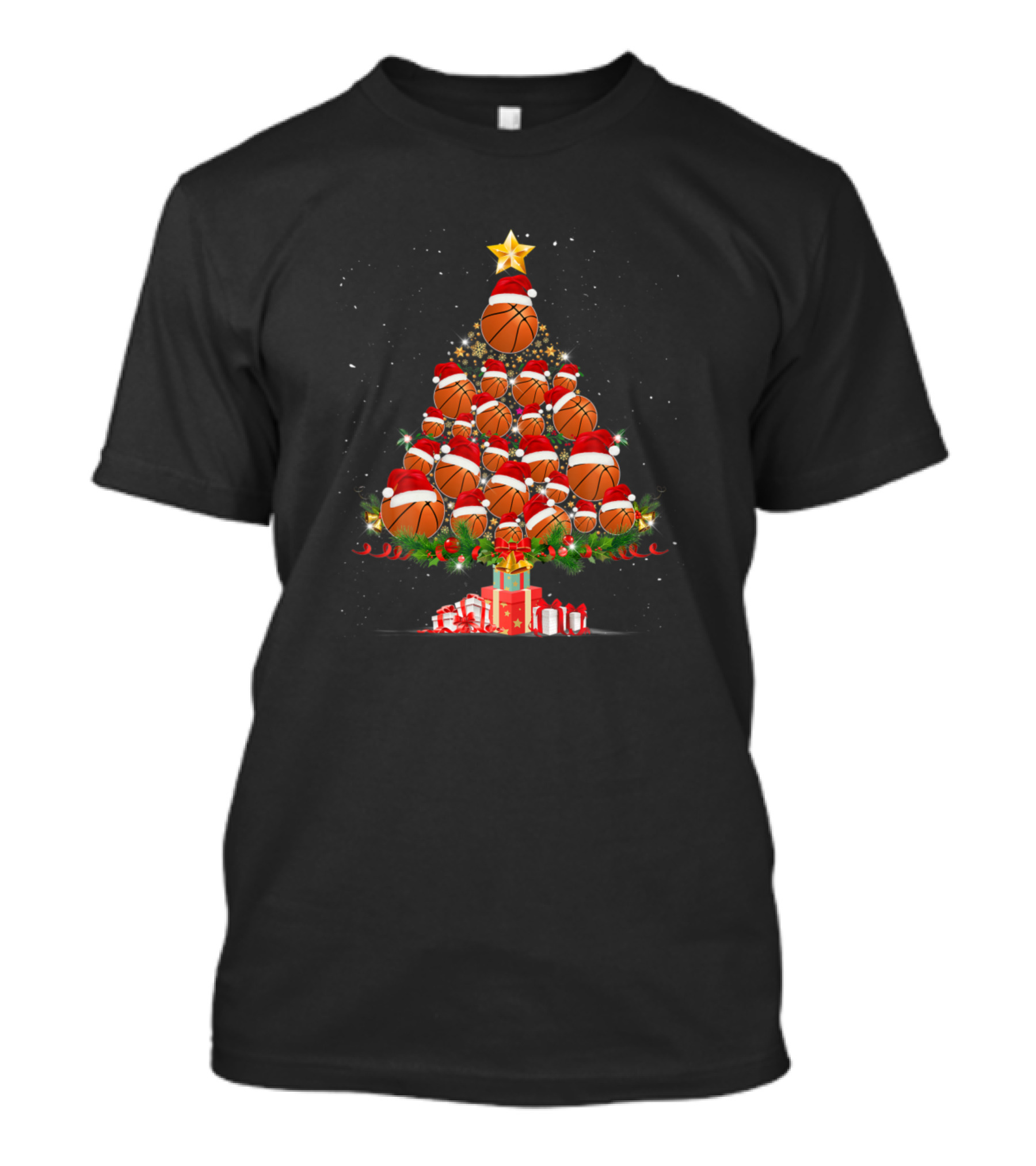 Funny Basketball Christmas Tree With Santa Hats And Snowflakes T-Shirt
