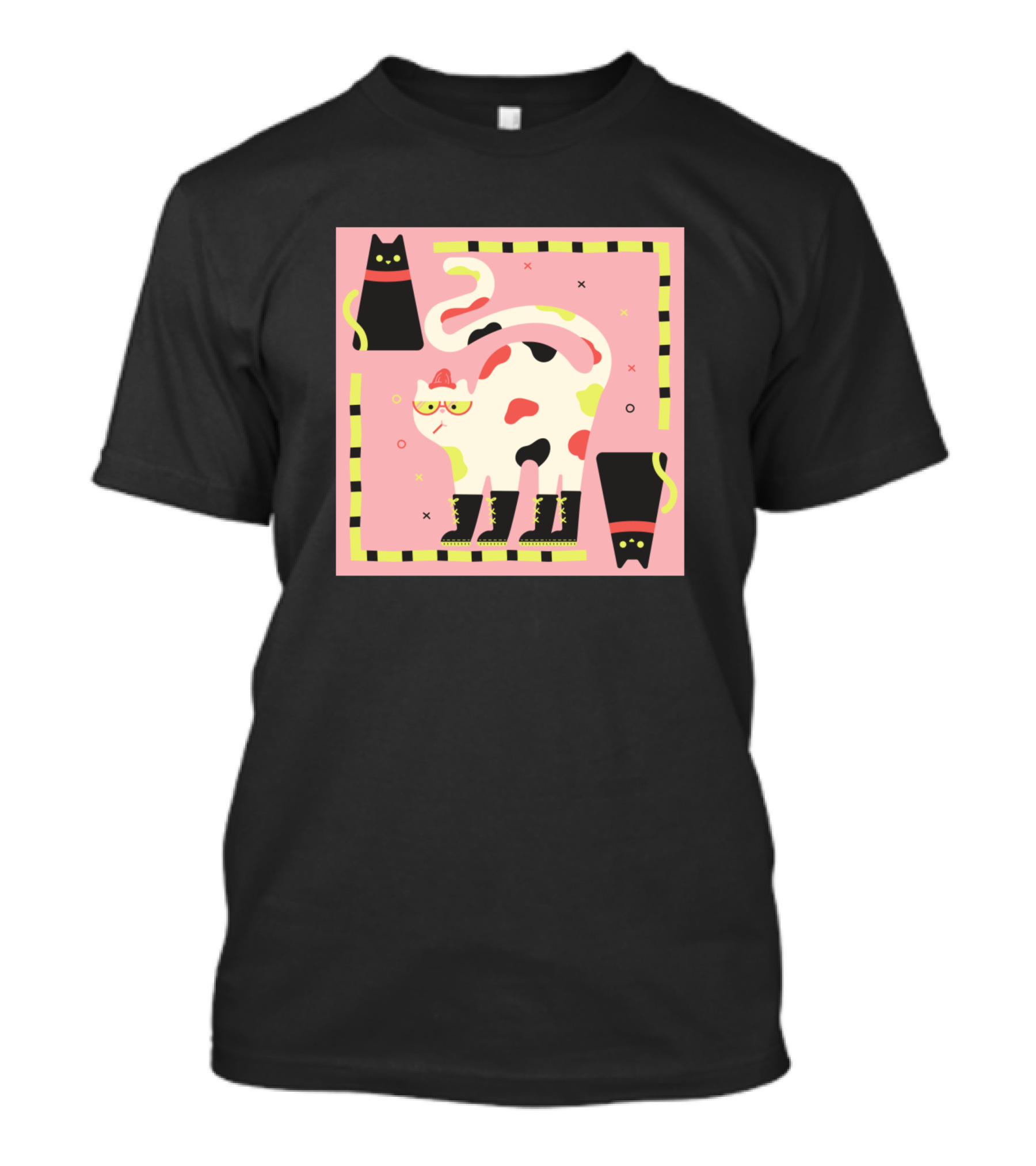 Funny Cat With Glasses Hat And Boots On Pink Background T-Shirt