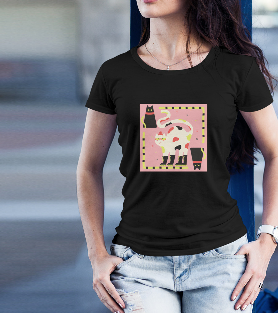 Funny Cat With Glasses Hat And Boots On Pink Background T-Shirt