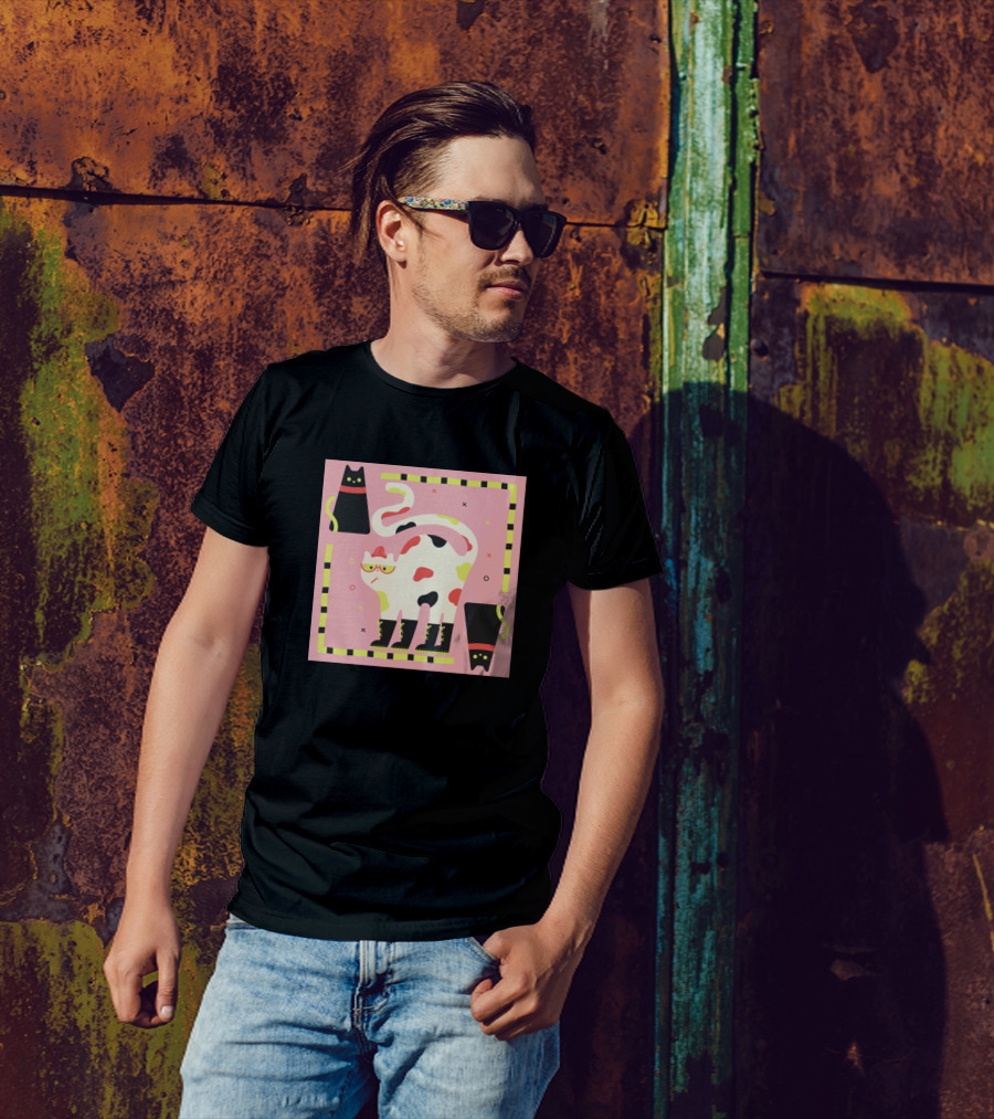 Funny Cat With Glasses Hat And Boots On Pink Background T-Shirt