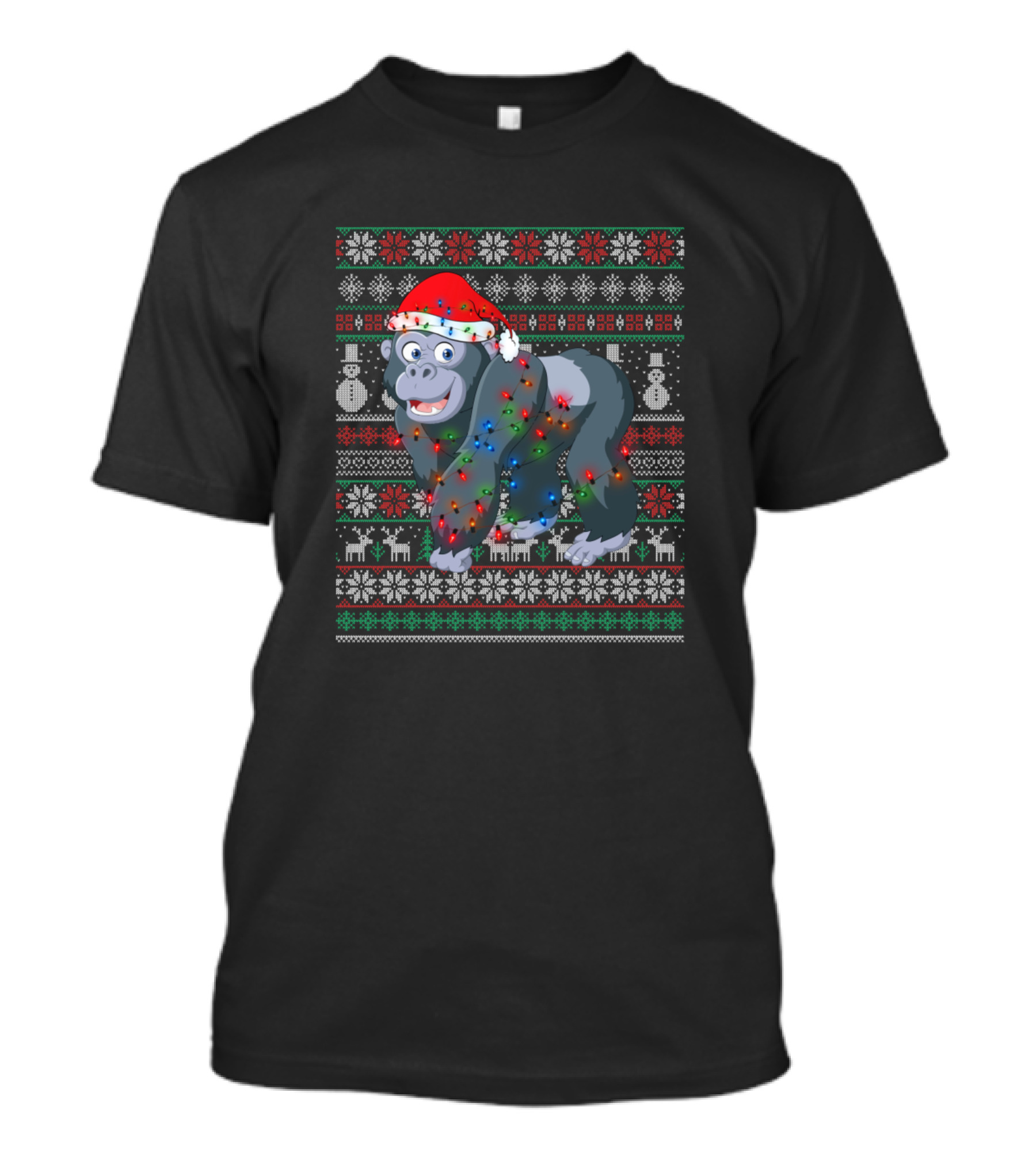 Gorilla Ugly Christmas Xmas Lights Santa Hat Snowflakes Reindeer Snowman T-Shirt
