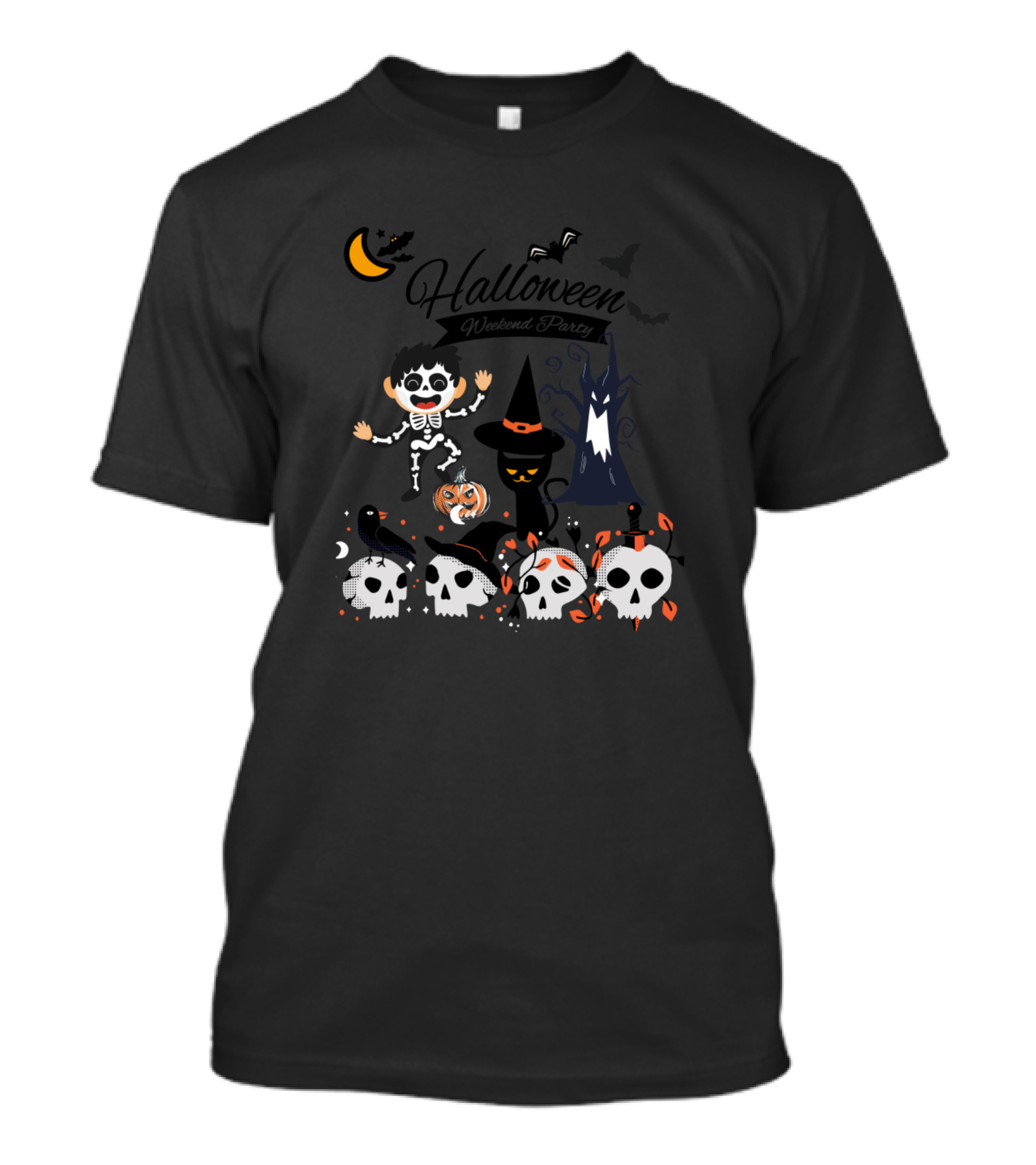 Halloween Weekend Party Skeletons And Spooky Cats With Skulls And Moon T-Shirt