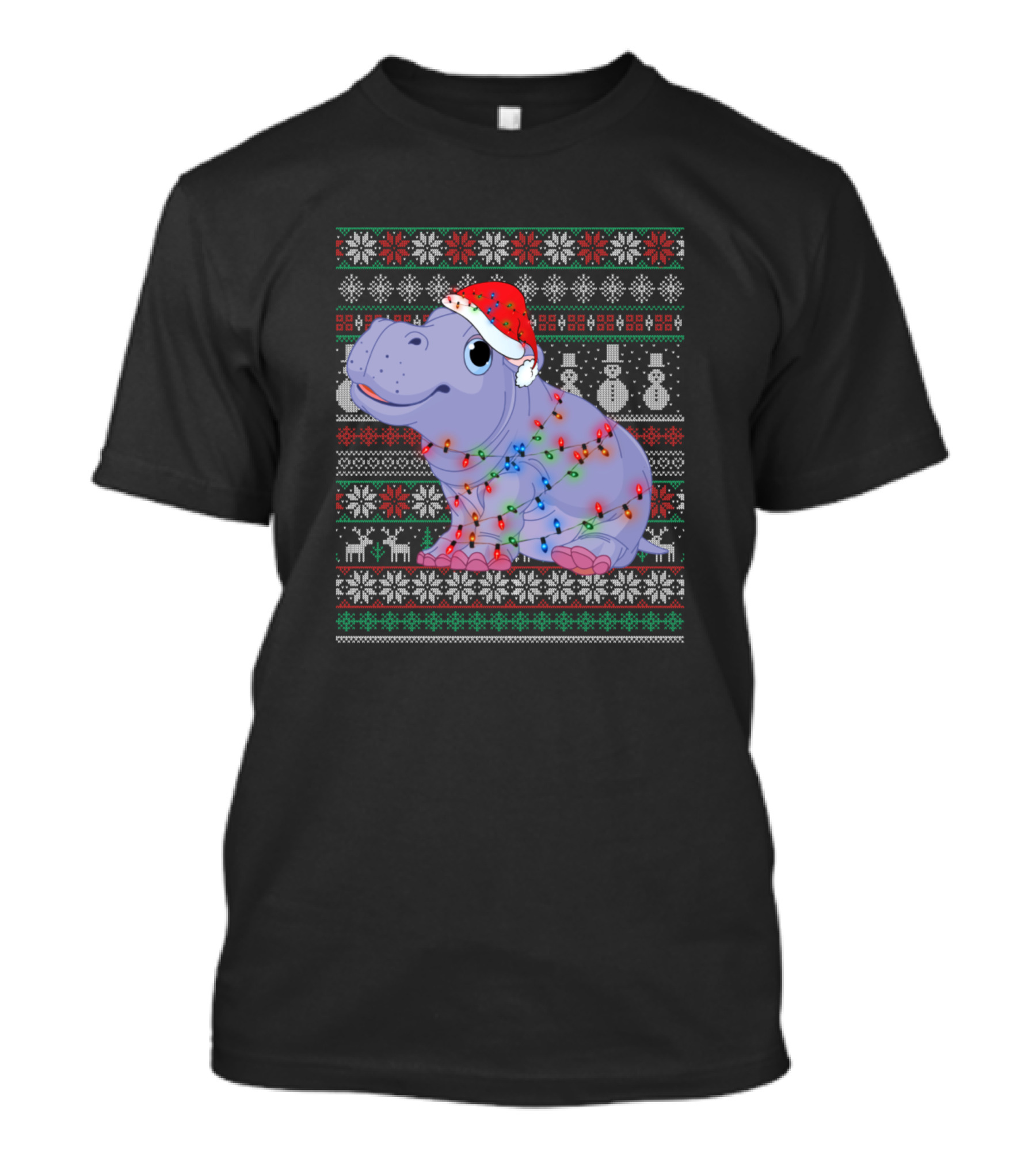 Hippopotamus Christmas Ugly Sweater With Santa Hat And Lights T-Shirt