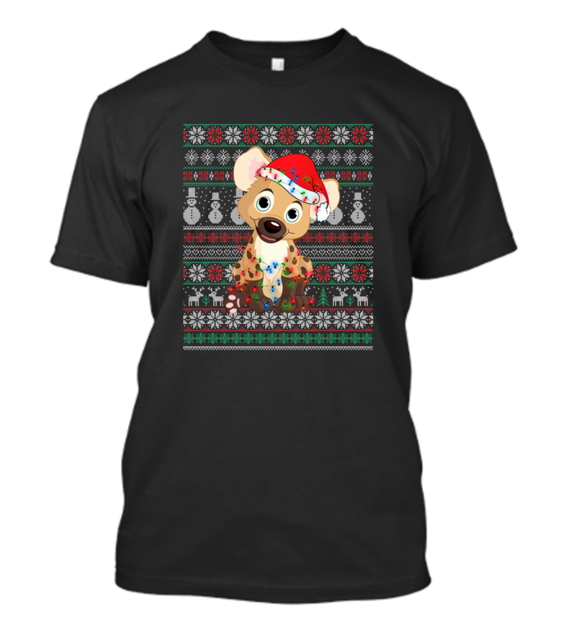 Hyena Ugly Christmas Funny Xmas Hyena Santa Hat Snowflakes Reindeer T-Shirt