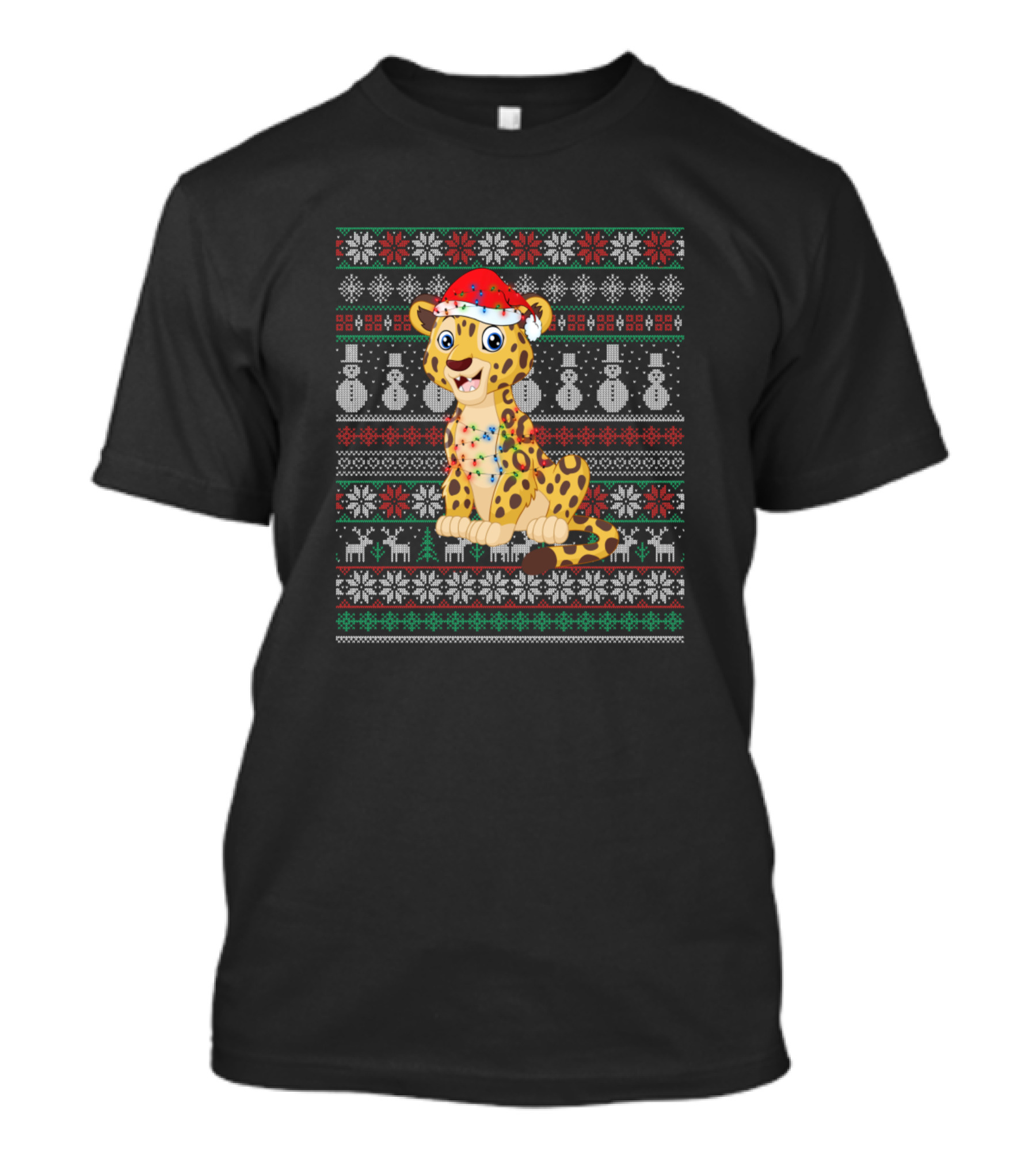 Leopard Ugly Christmas Xmas Festive Holiday Snowmen Reindeer Santa Hat T-Shirt
