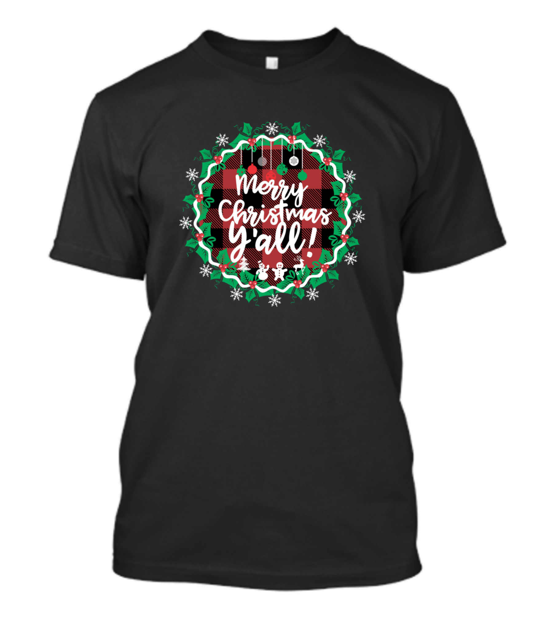 Merry Christmas Y'all Wreath Plaid Red Green Snowflakes T-Shirt