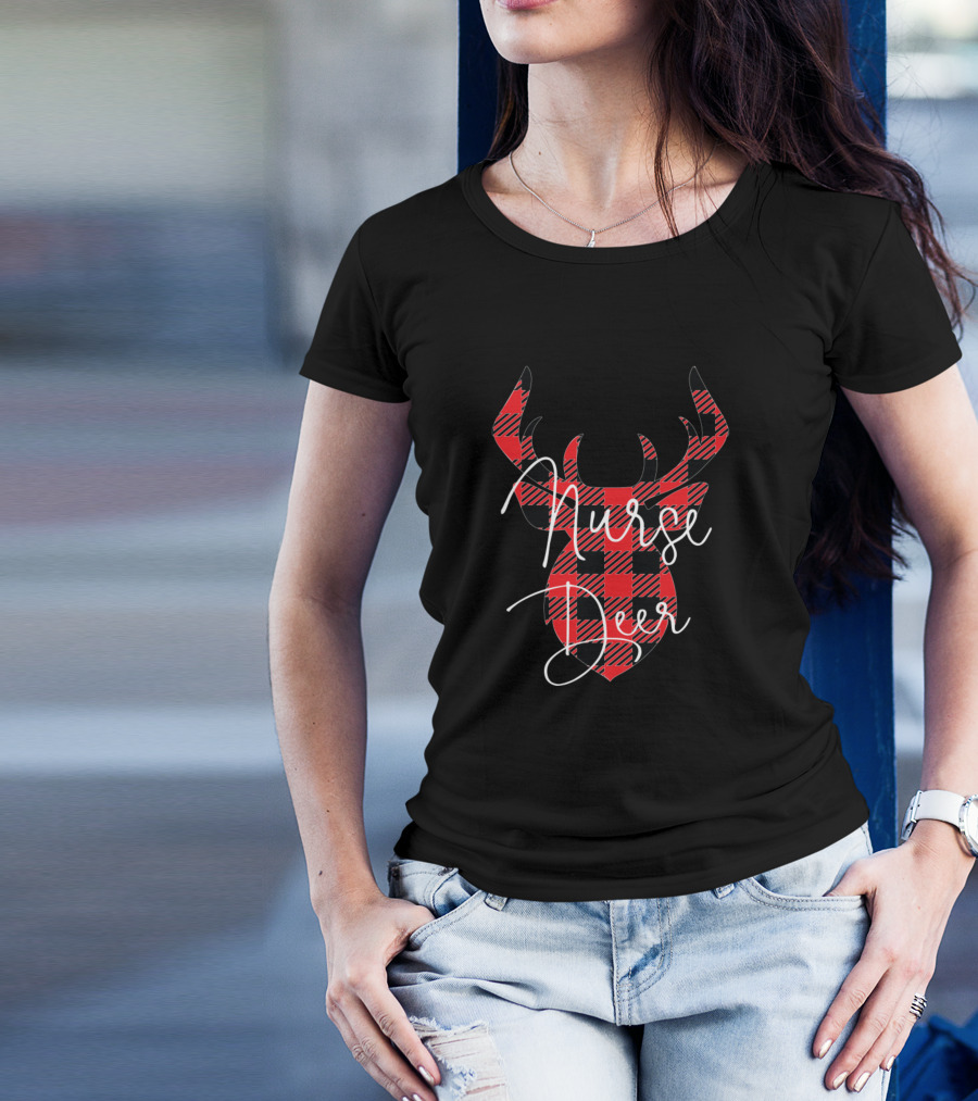 Nurse Deer Christmas Red Plaid Buffalo Matching T-Shirt