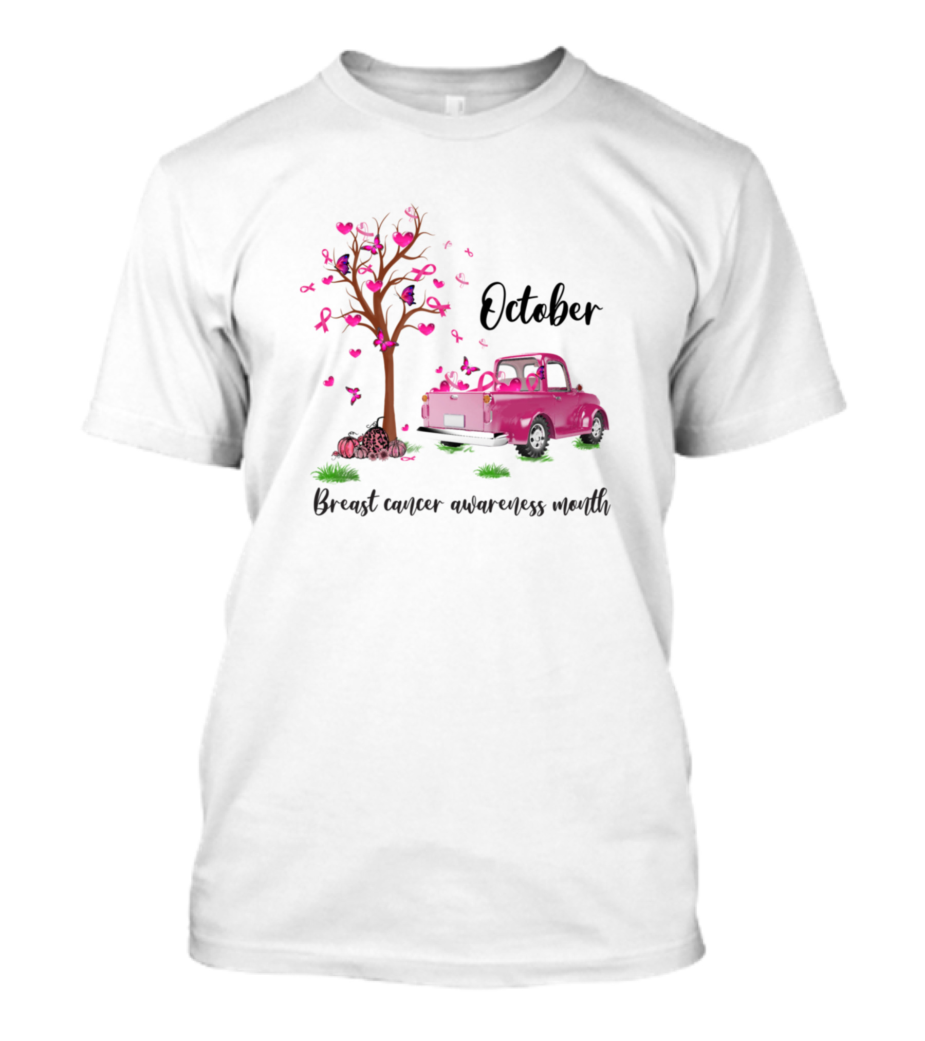 October Pink Truck And Ribbon Tree Breast Cancer Awareness Pumpkin T-Shirt