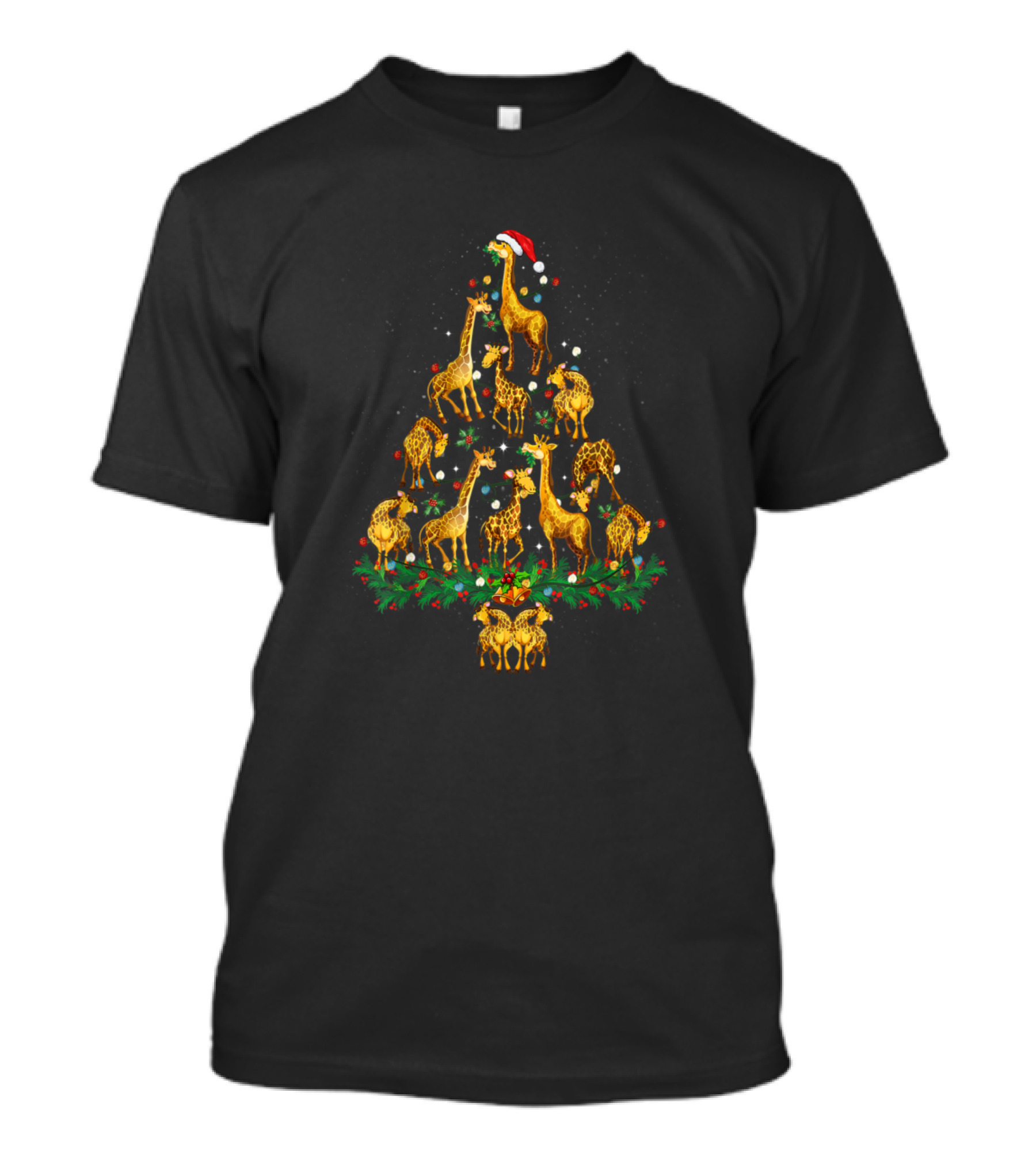 Giraffe Christmas Tree Holiday With Santa Hat And Animals T-Shirt