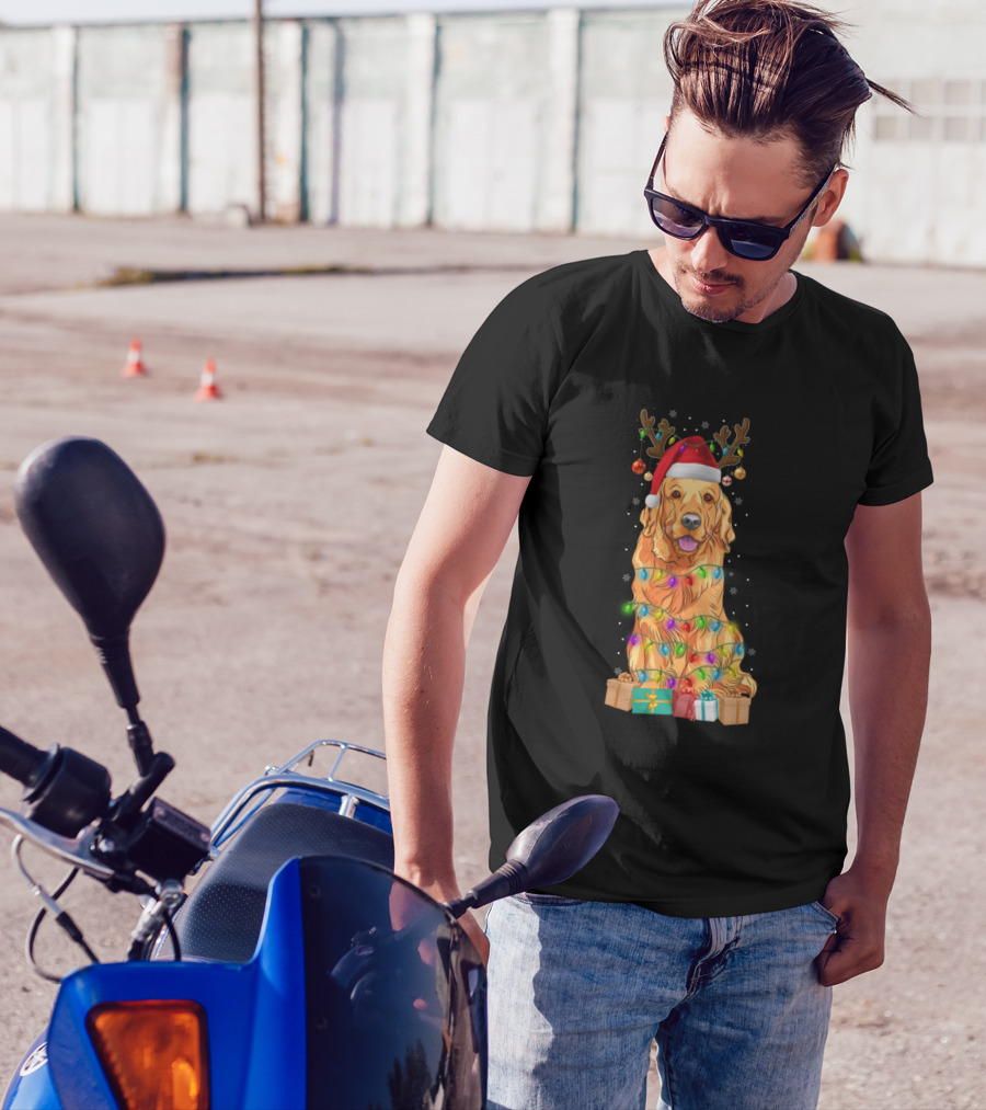 Goldendoodle Christmas Reindeer With Santa Hat And Festive Lights T-Shirt