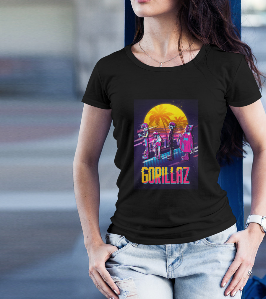 Gorillaz Neon Retro Sunset Characters T-Shirt