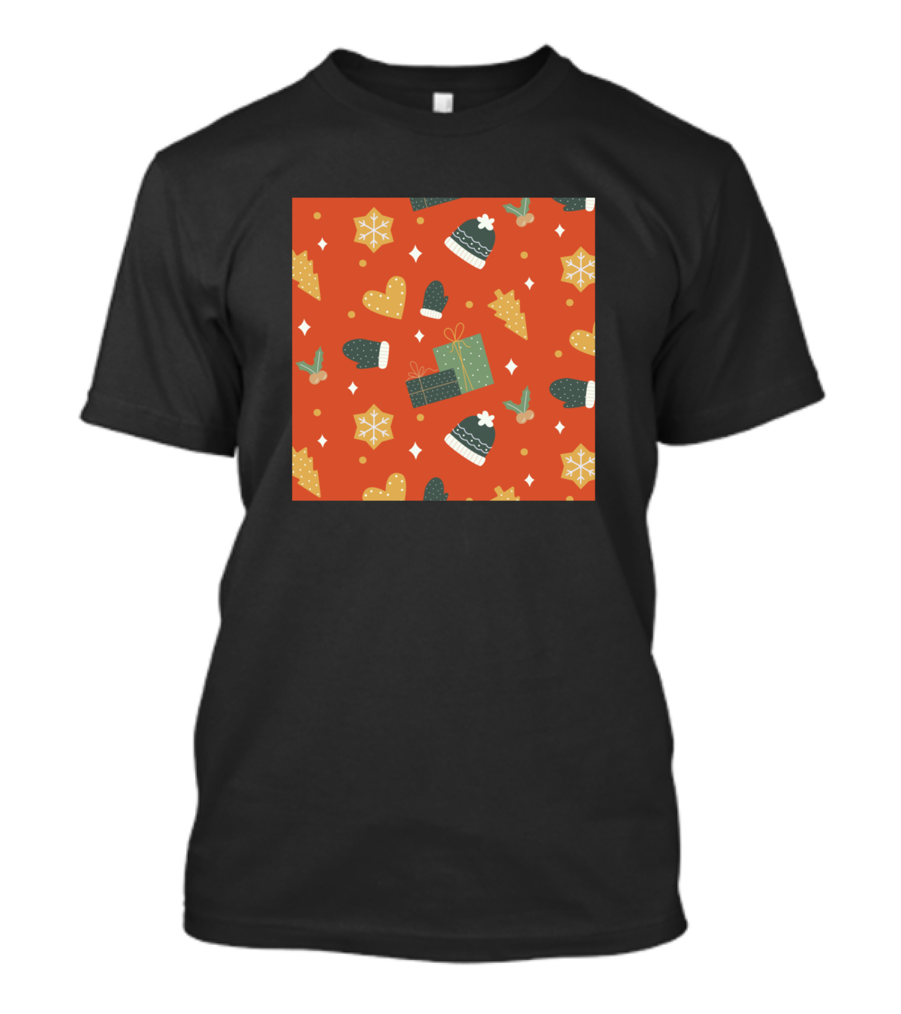Happy Christmas Pattern With Gifts, Mittens, Stars, And Trees T-Shirt