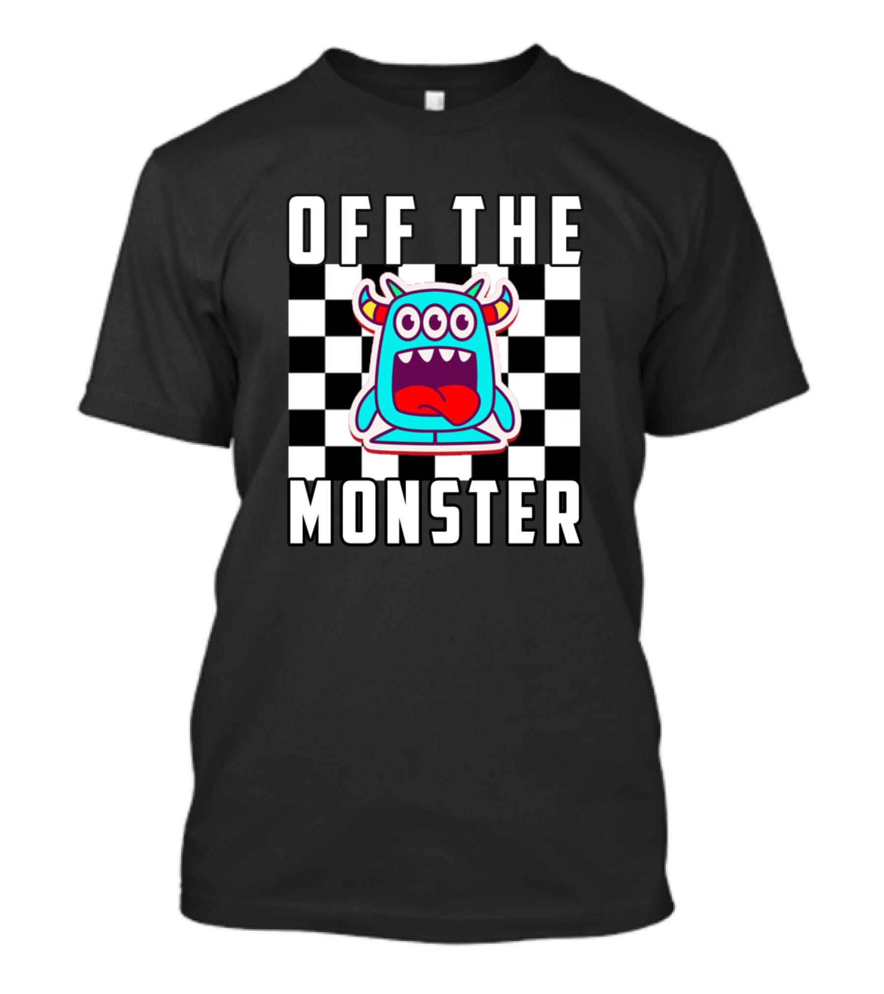 OFF THE MONSTER Cartoon Checkered Background T-Shirt