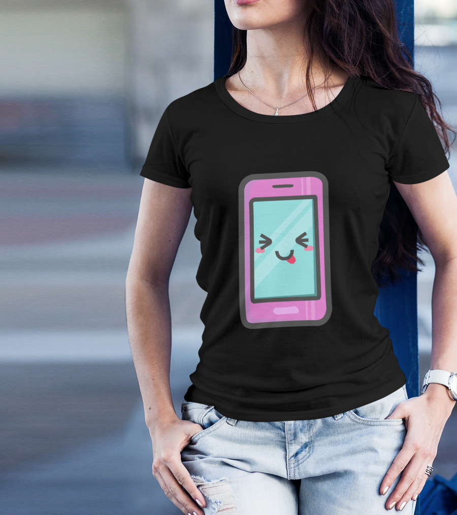 Kawaii Pink Cellphone With Cute Face T-Shirt
