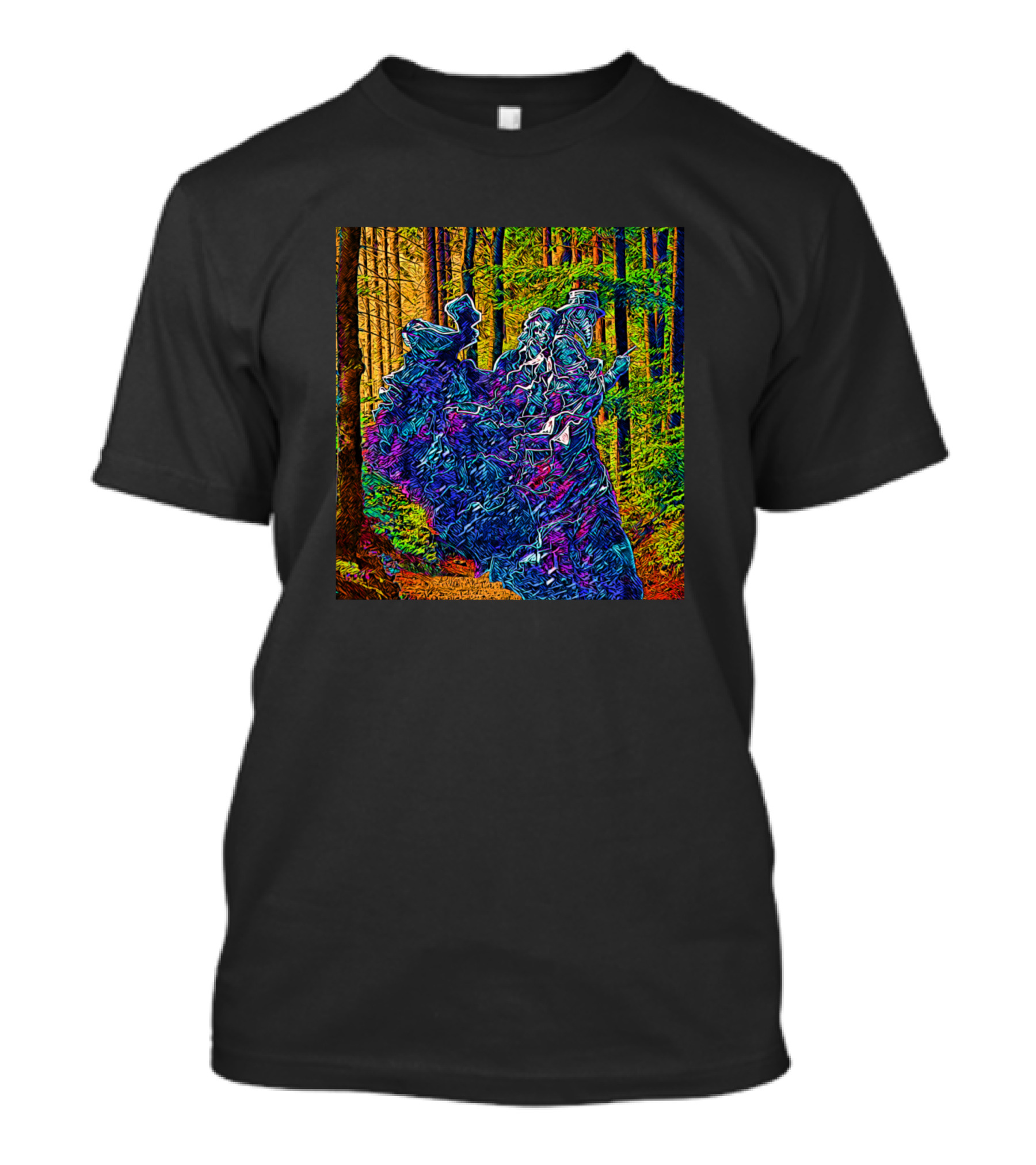 Plague Doctor With Undead In Colorful Forest Scene T-Shirt