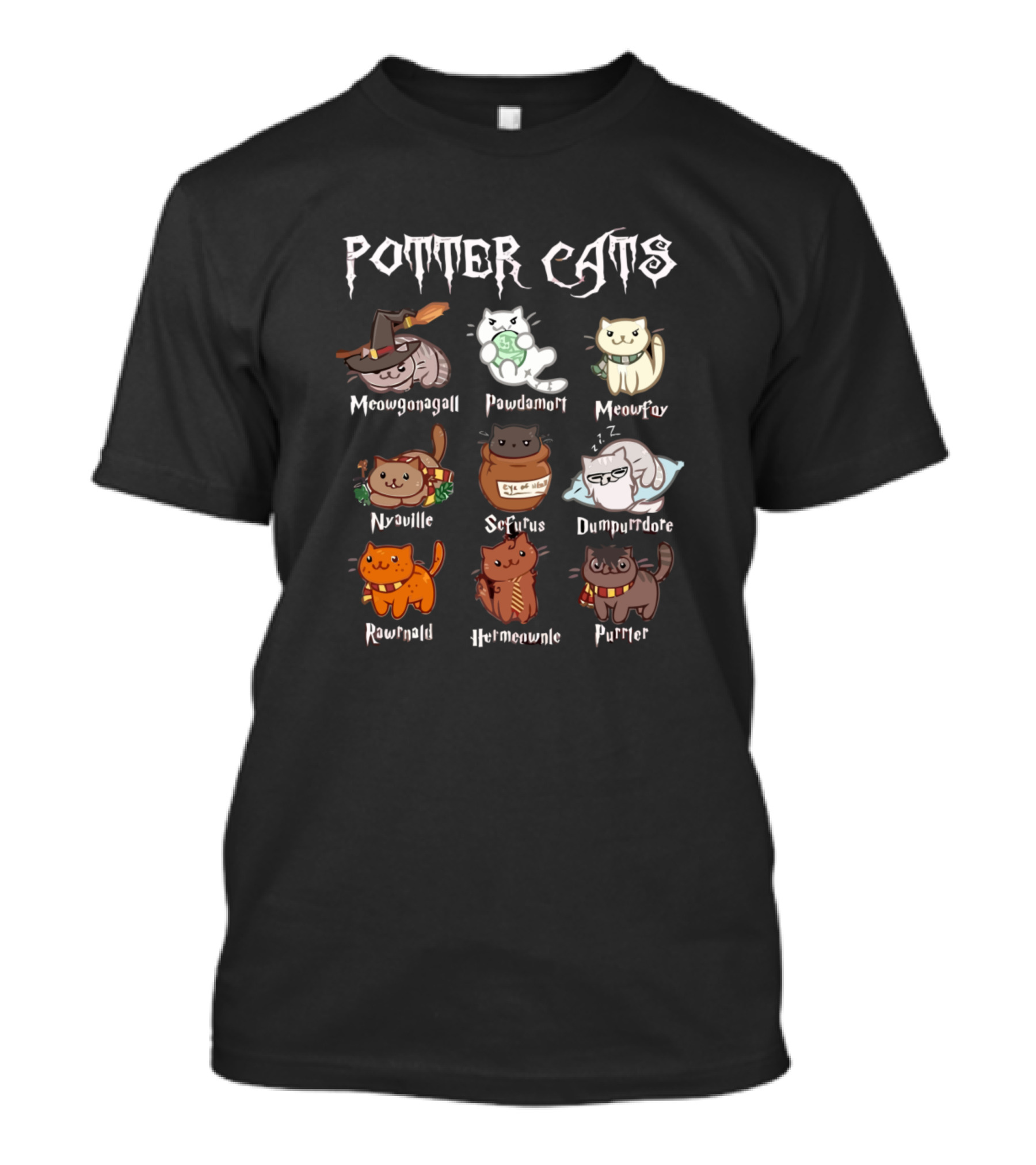 Potter Cats Meowgonagall Pawdamort Meowfay Nuville Seferus Dumpurrdore Rawnald Hermeownie Purrter T-Shirt