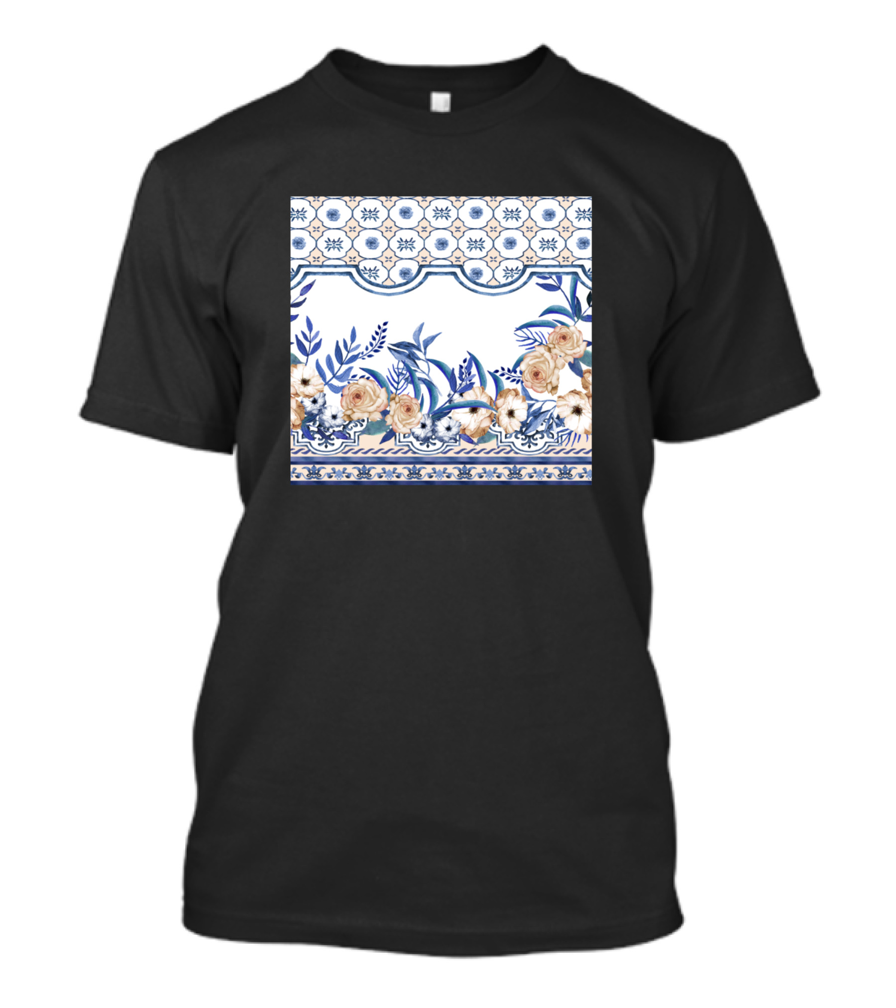 Romantic Vintage Blue Floral Tiles And Tea Roses T-Shirt