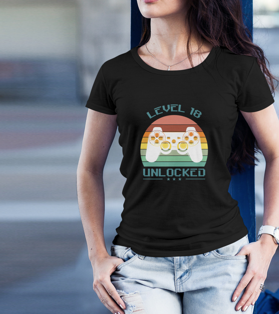 Level 18 Unlocked Video Game Controller Retro Stripes 18 Year Old Birthday T-Shirt