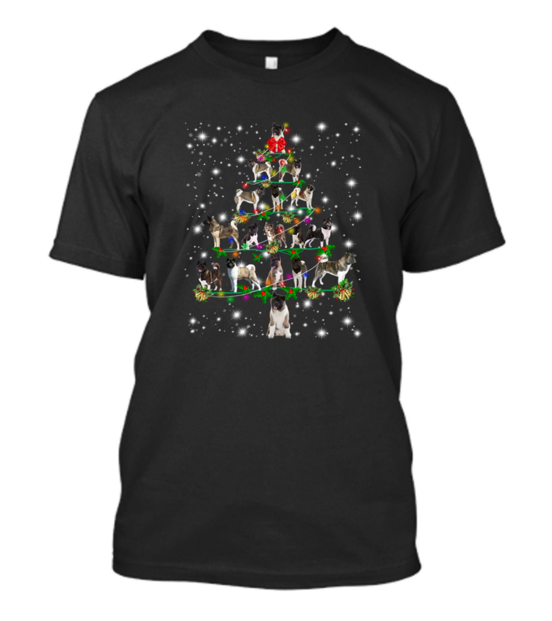 Akita Christmas Tree With Fairy Light Ornaments And Snowflakes T-Shirt