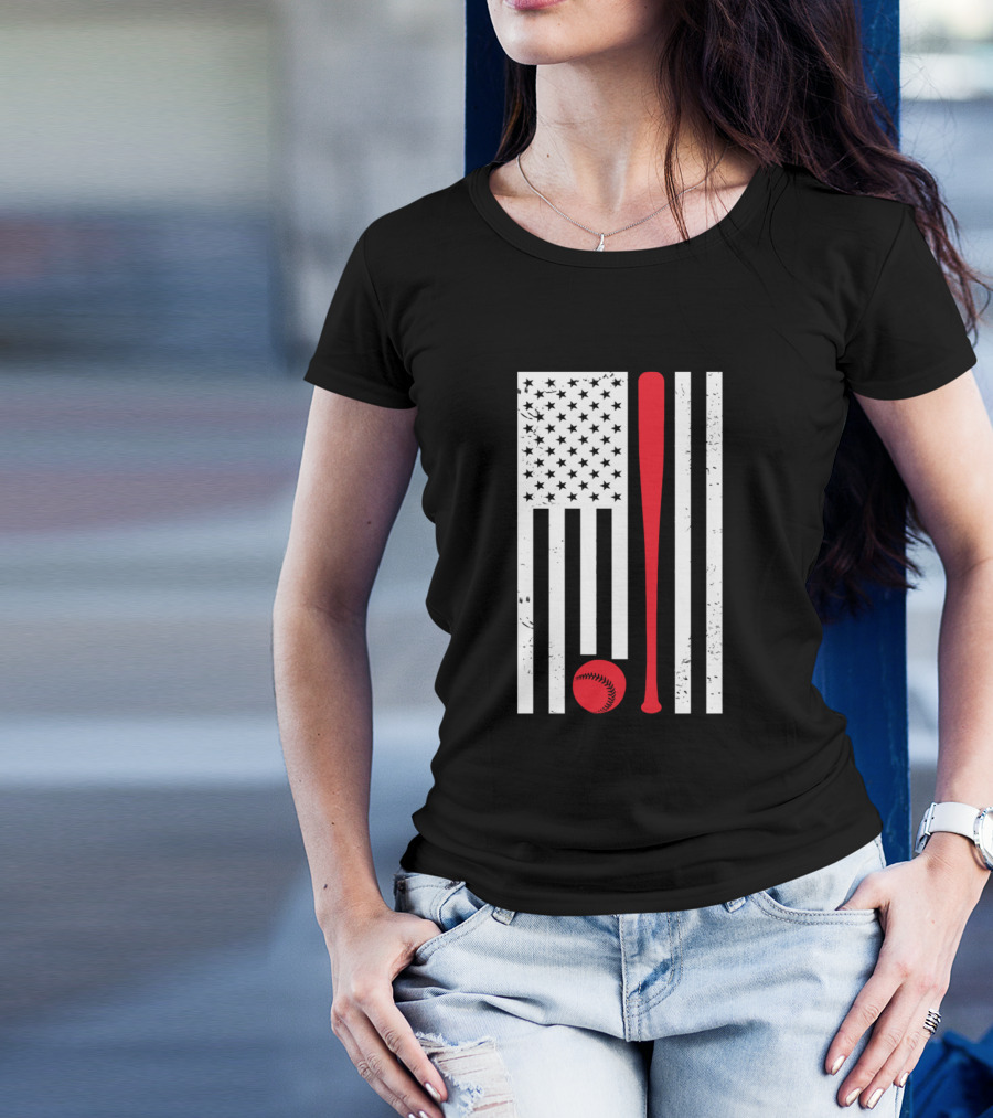American Flag Baseball Bat And Ball Vintage Style USA Patriot Sports T-Shirt