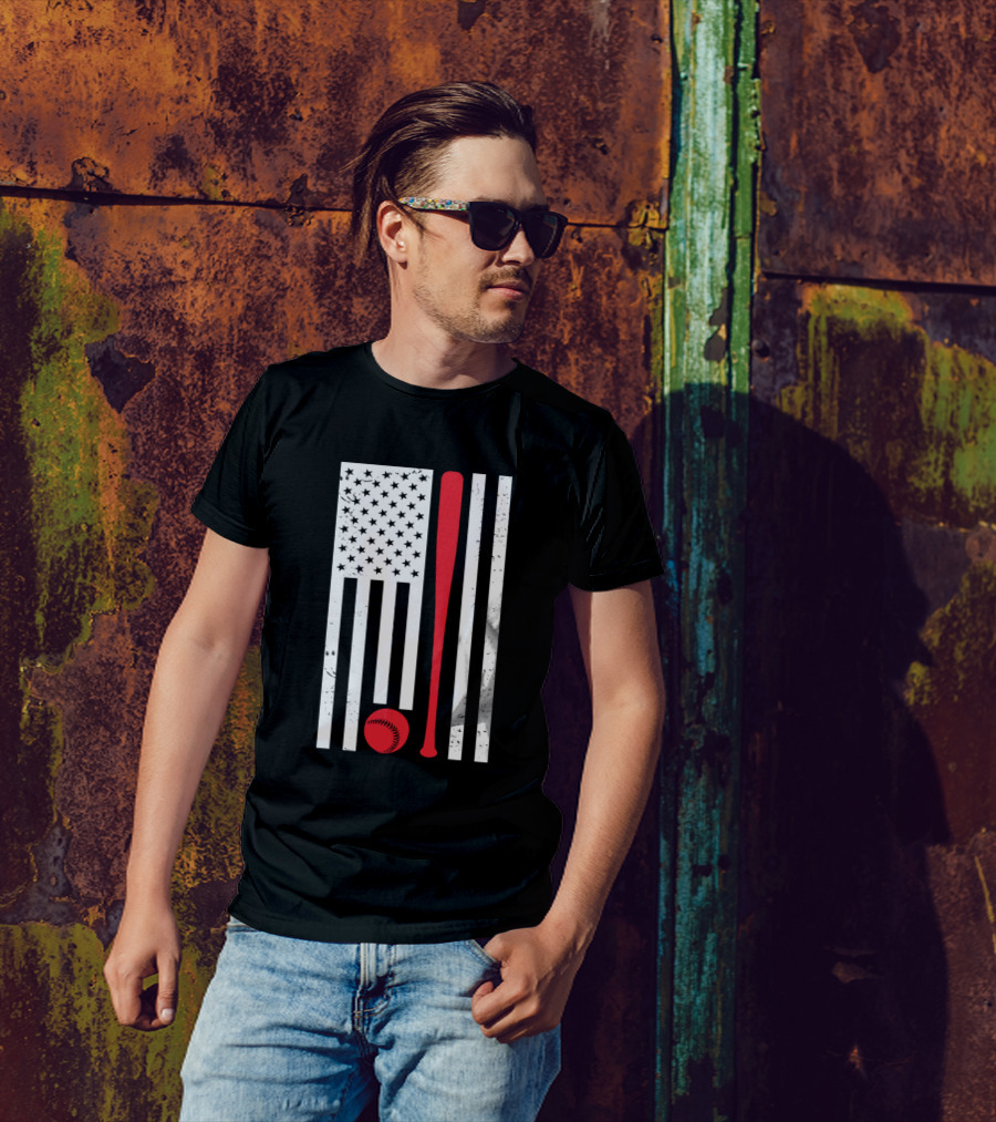 American Flag Baseball Bat And Ball Vintage Style USA Patriot Sports T-Shirt