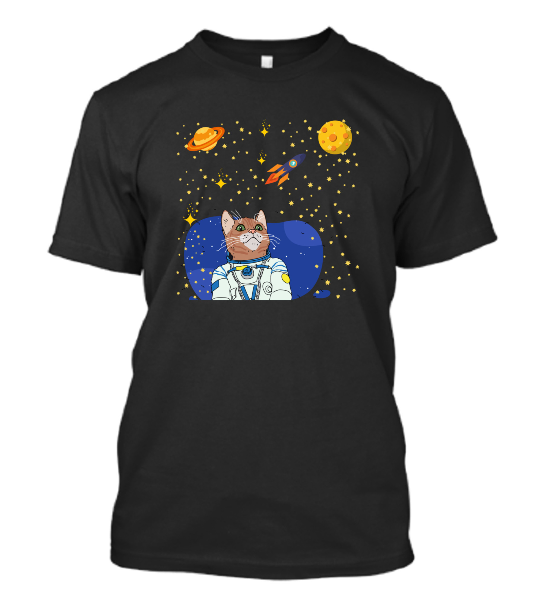 Adventurous Space Cat With Rocket And Planets T-Shirt