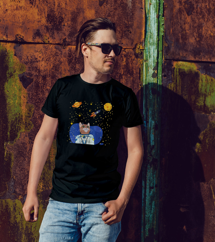 Adventurous Space Cat With Rocket And Planets T-Shirt