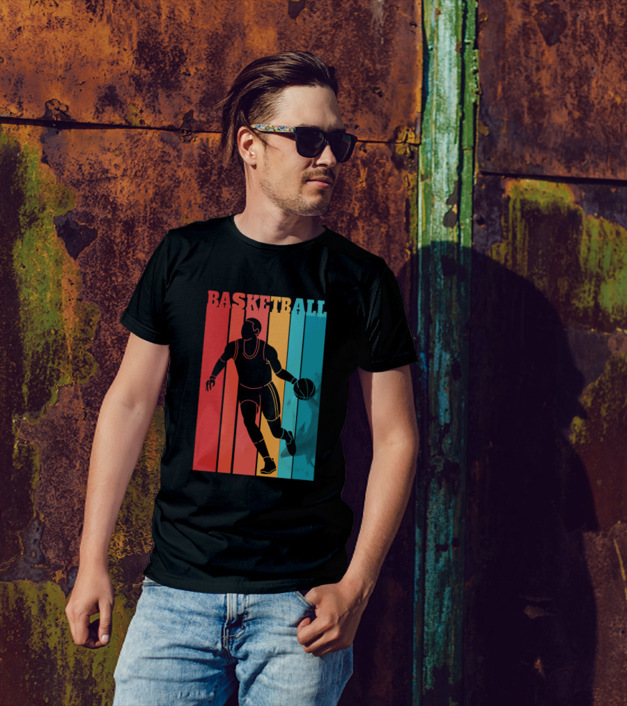 Basketball Retro Silhouette Vintage Stripes T-Shirt