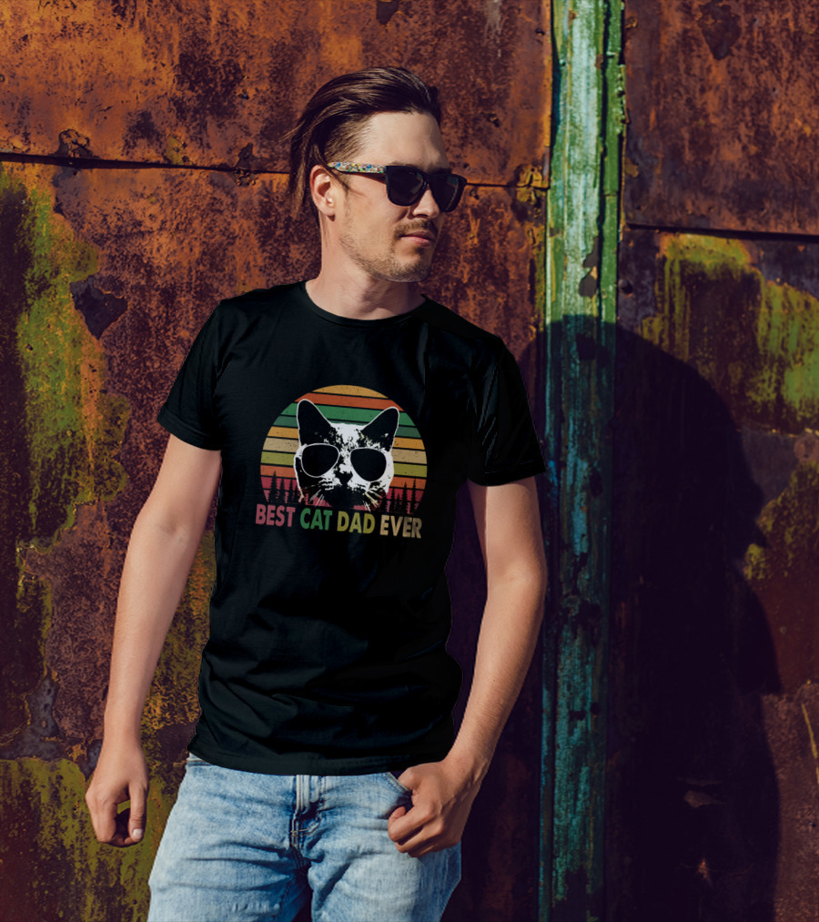 Best Cat Dad Ever Vintage Retro Sunset Cat With Sunglasses T-Shirt