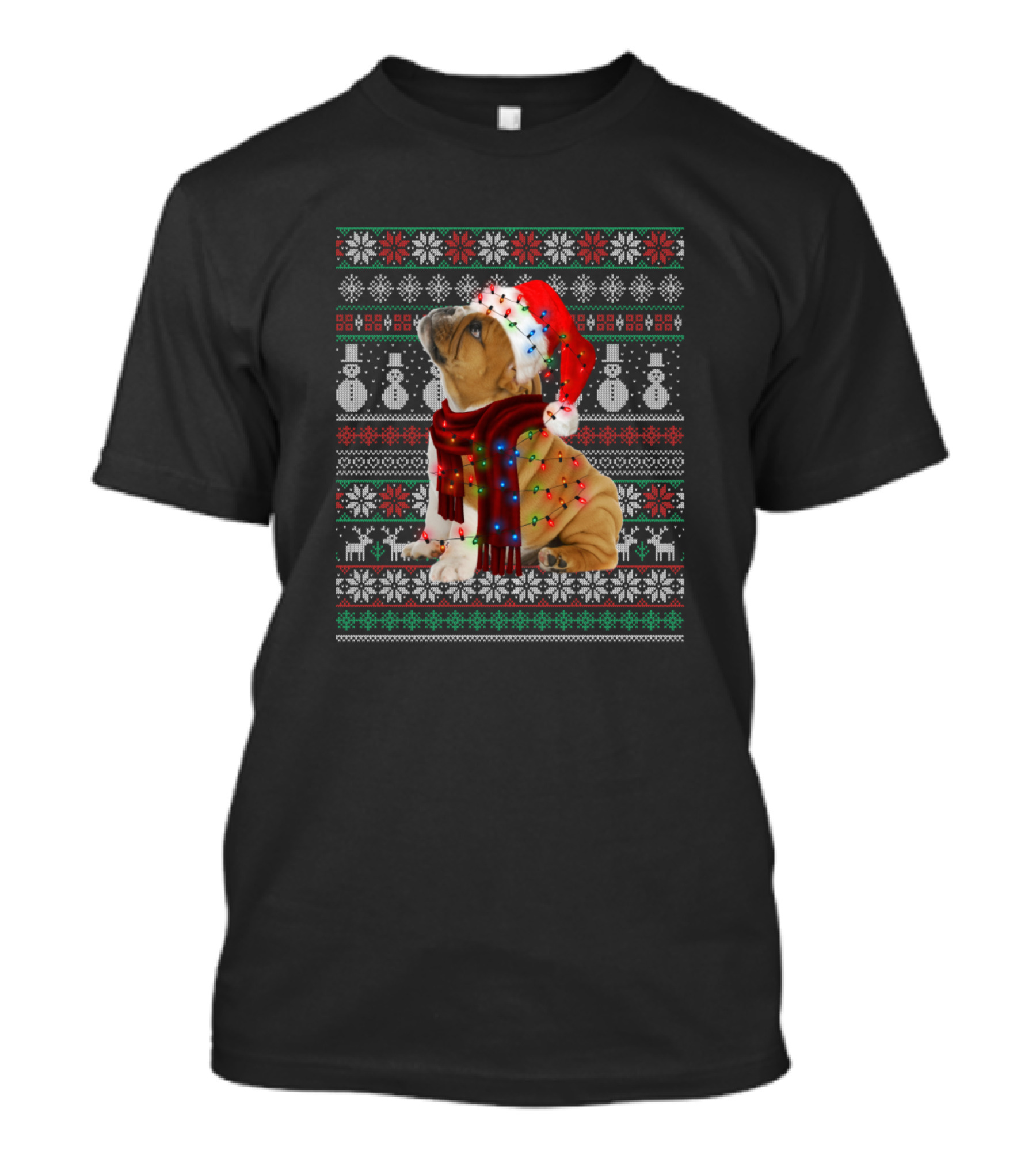 Bulldog Wearing Santa Hat And Lights In Festive Ugly Christmas T-Shirt