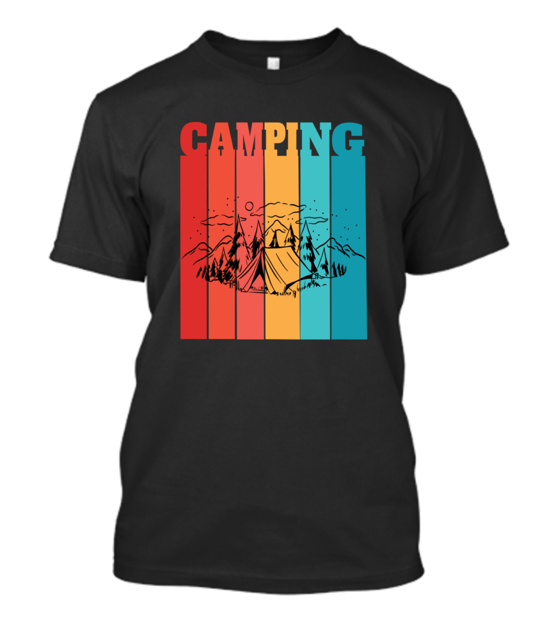 Camping Retro Mountain Tent Scene With Forest Stripes T-Shirt