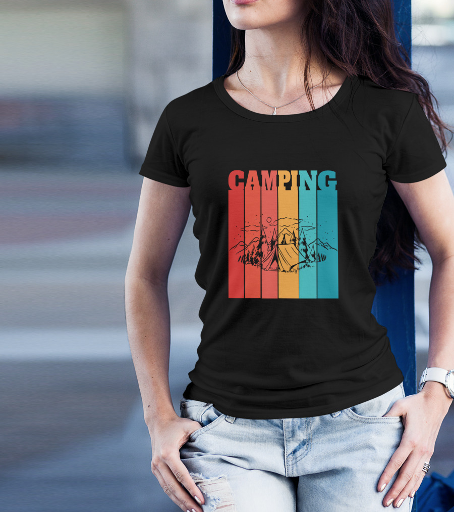 Camping Retro Mountain Tent Scene With Forest Stripes T-Shirt