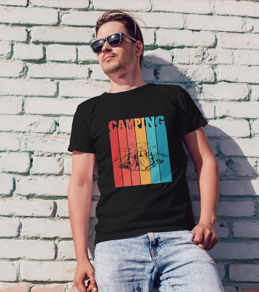 Camping Retro Mountain Tent Scene With Forest Stripes T-Shirt