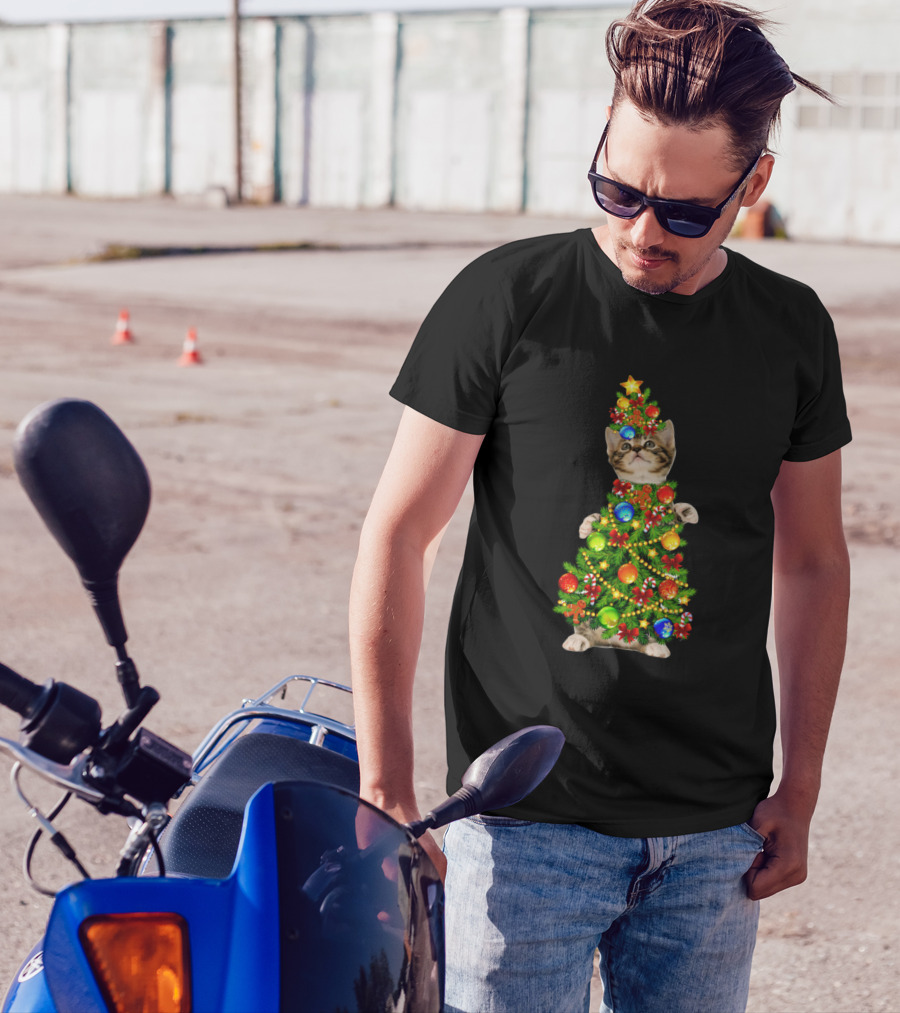 Cat Christmas Tree Light Funny Noel Kitten Festive Ornaments T-Shirt