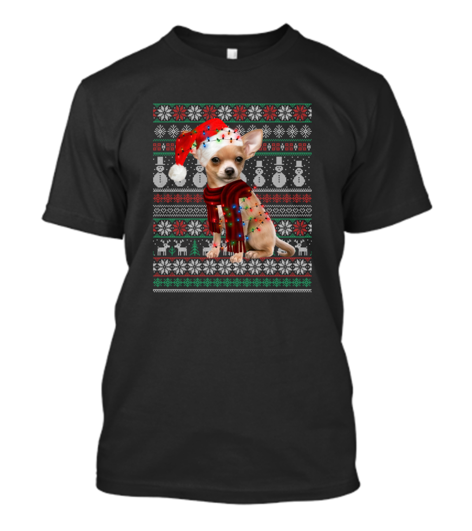 Chihuahua Dog Ugly Christmas Sweater Lights Santa Hat Snowflakes Reindeer Snowmen T-Shirt