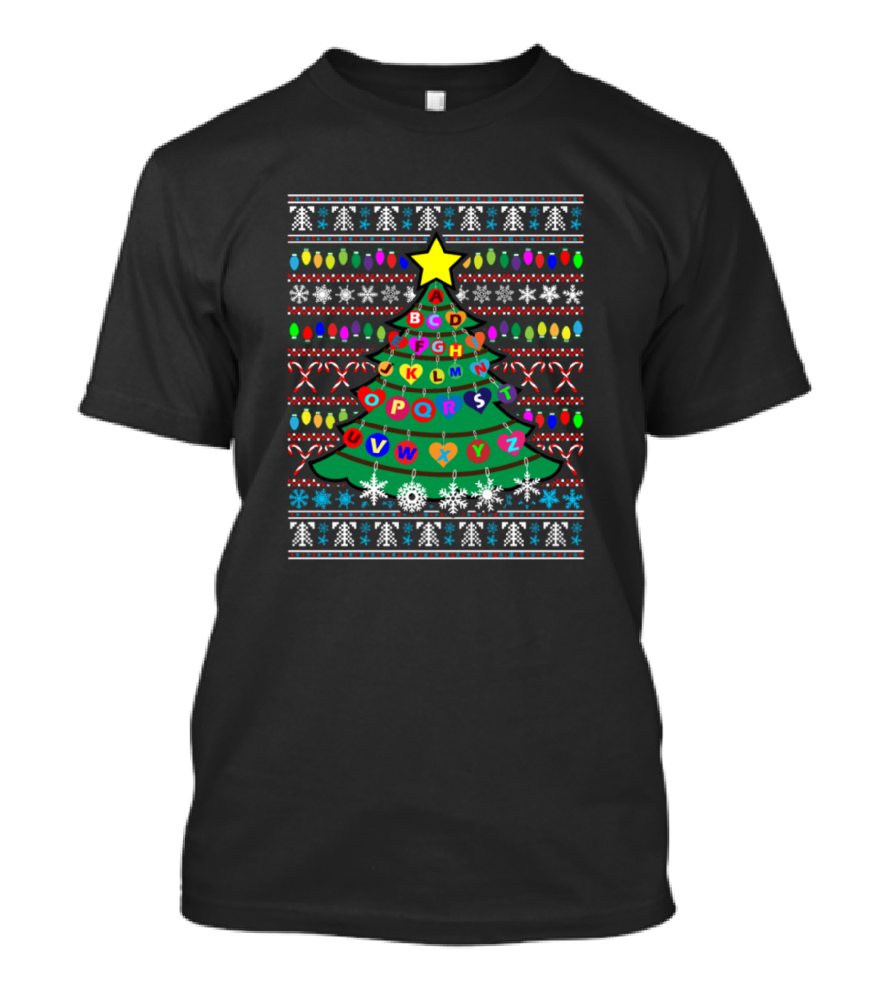 Christmas Tree Alphabet Teacher Ugly Christmas Sweater Holiday Lights And Snowflakes T-Shirt
