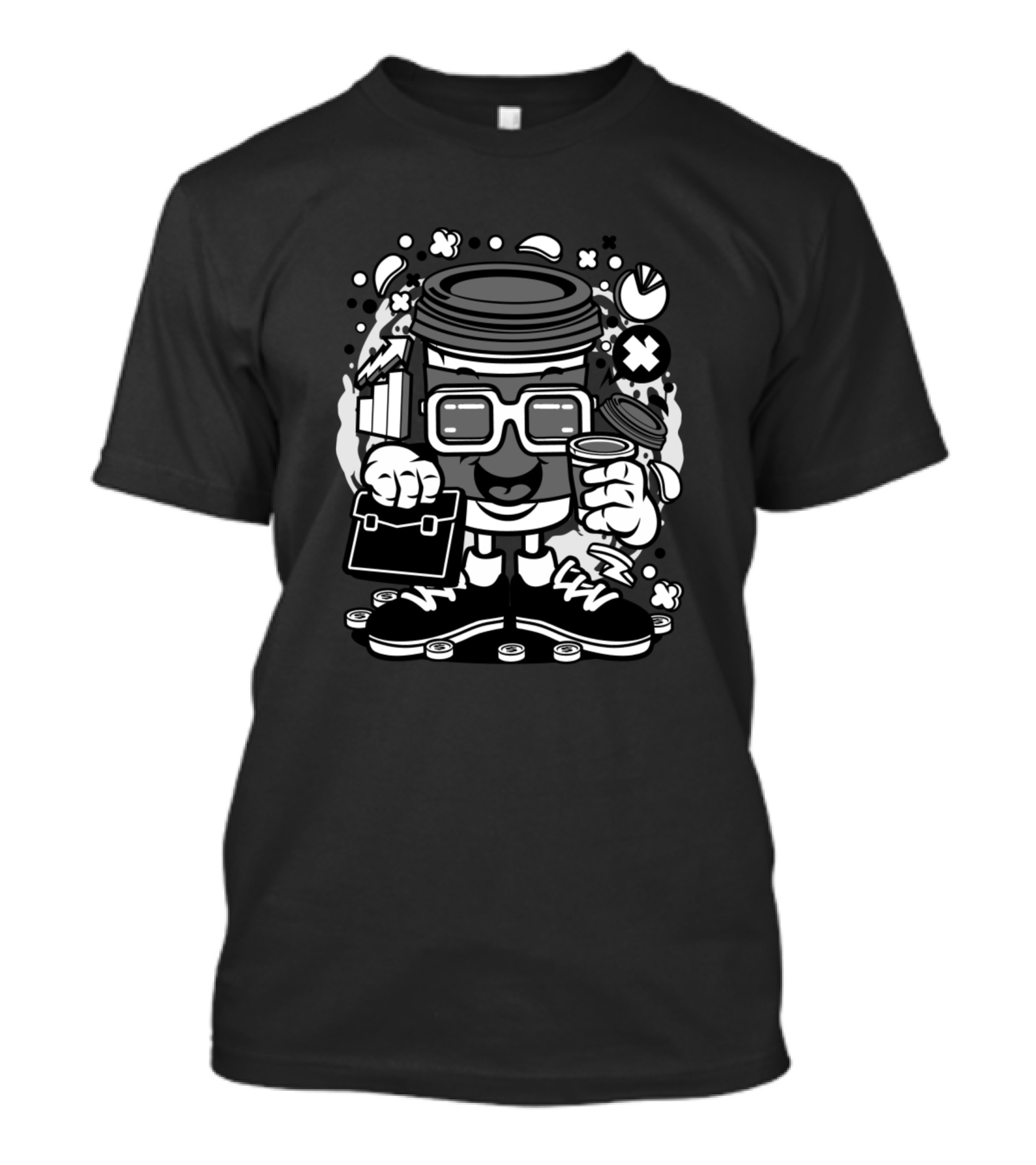 Coffee Cup Businessman Animated Character With Briefcase And Sneakers Com T-Shirt