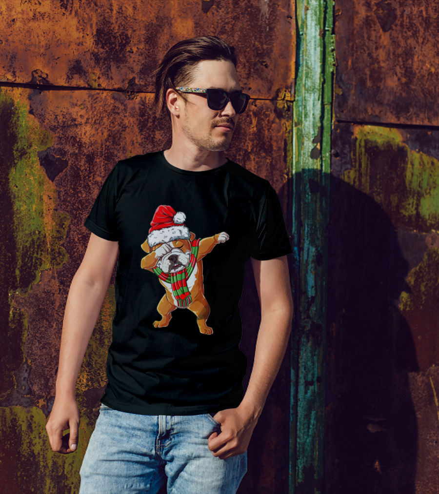Dabbing English Bulldog Christmas Santa Hat And Scarf T-Shirt