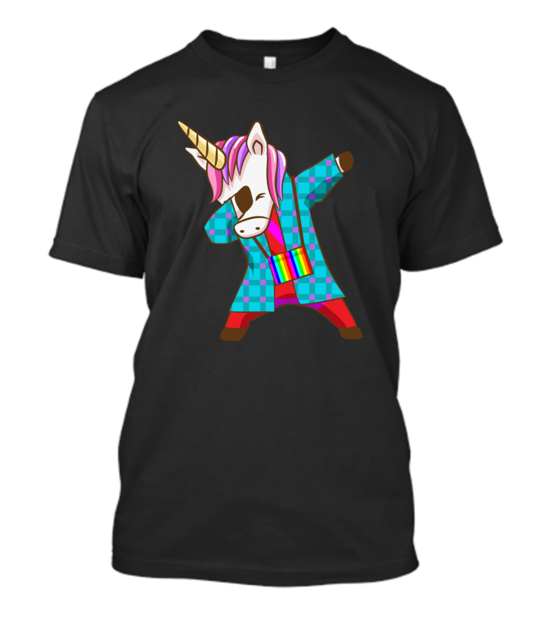 Dabbing Unicorn In Rainbow Checkered Robe T-Shirt