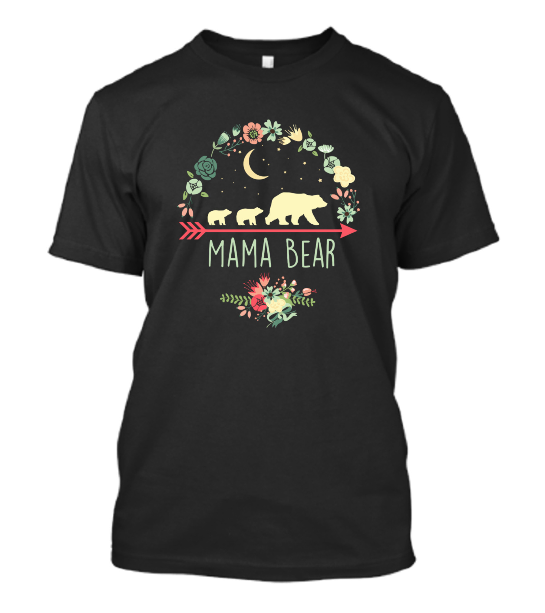 Mama Bear Floral Design With Two Cubs Under Moon And Flowers T-Shirt