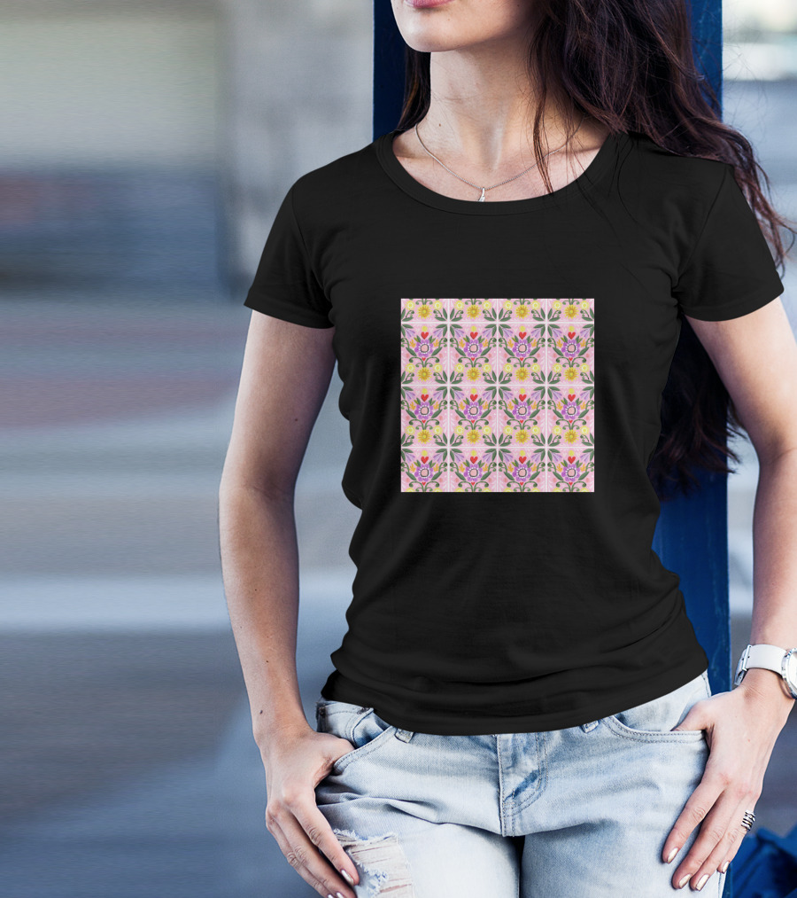 Folksy Tiles Floral Pattern Pink Yellow Green Hearts And Flowers T-Shirt