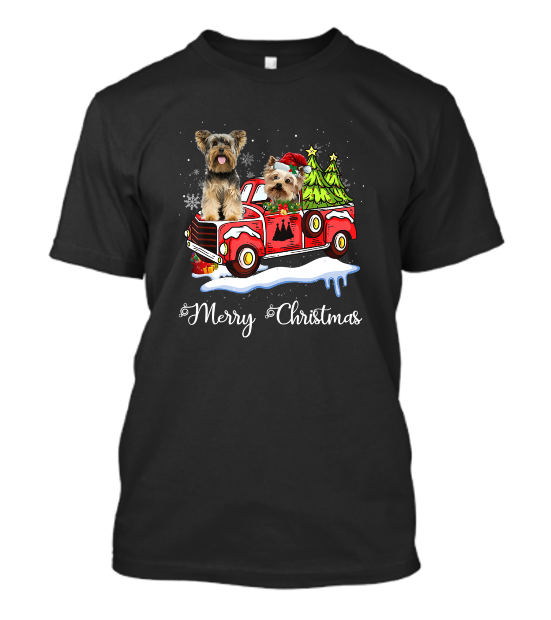 Merry Christmas Yorkies In Red Truck With Trees And Snowflakes T-Shirt