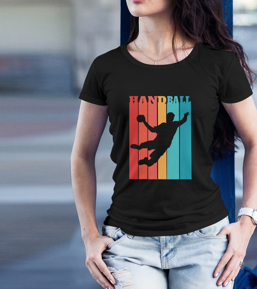 HAND BALL Player Silhouette Retro Vertical Stripes T-Shirt