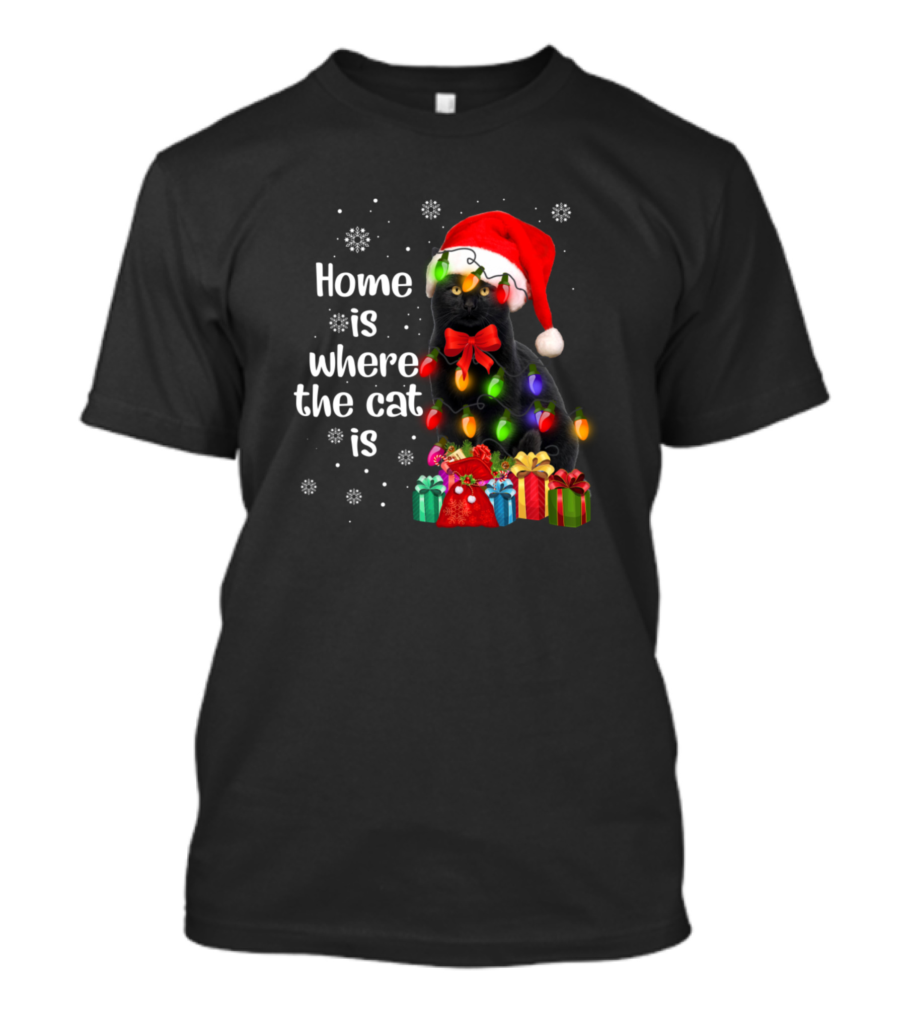 Home Is Where The Cat Is Black Cat Santa Hat Christmas Lights Gifts T-Shirt