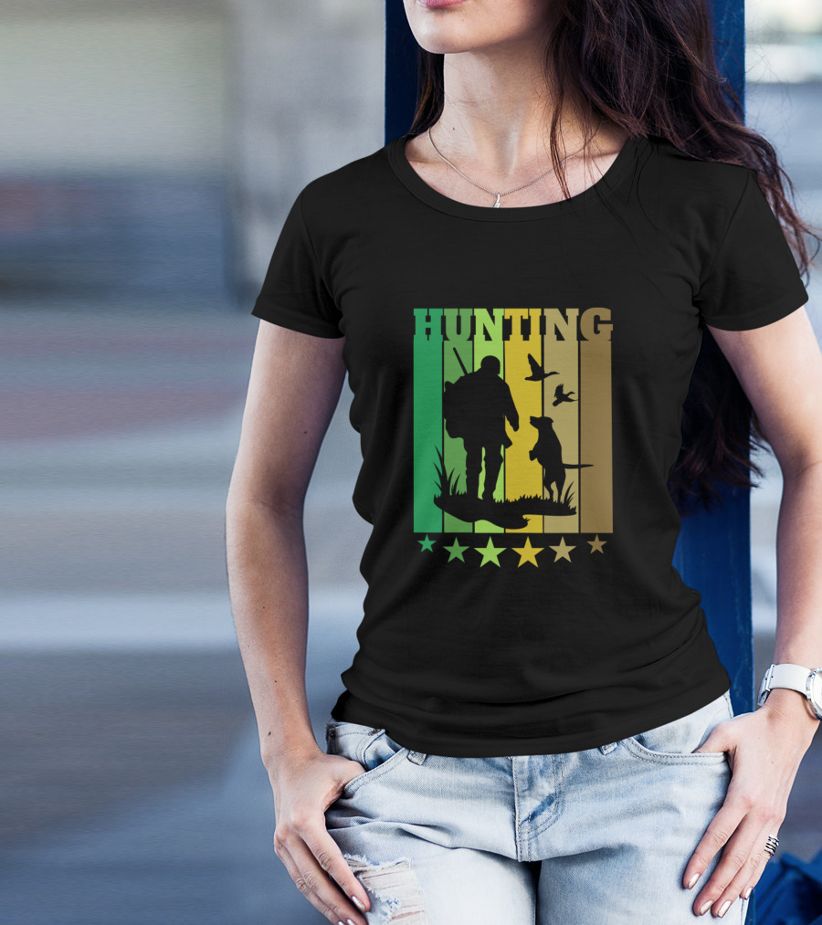 Hunting Dog Camouflage Silhouette With Hunter And Flying Birds T-Shirt