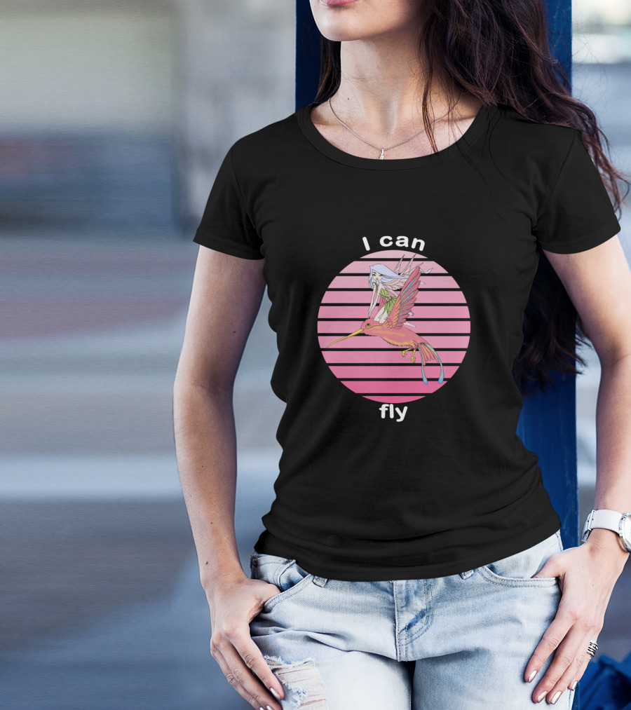 I Can Fly Anime Girl Riding Pink Hummingbird Retro Stripes T-Shirt