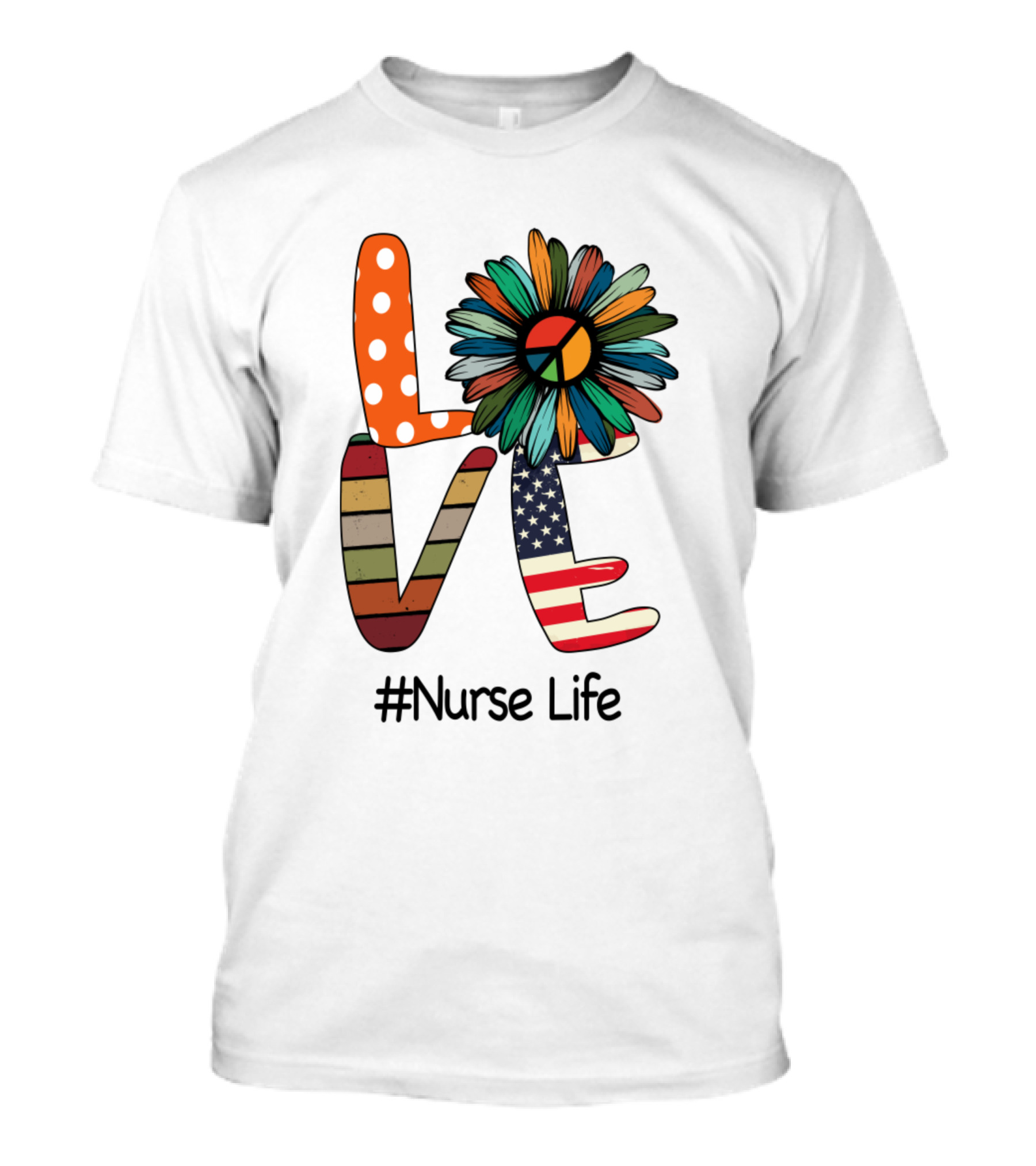 LOVE Peace Flower American Flag #NurseLife T-Shirt