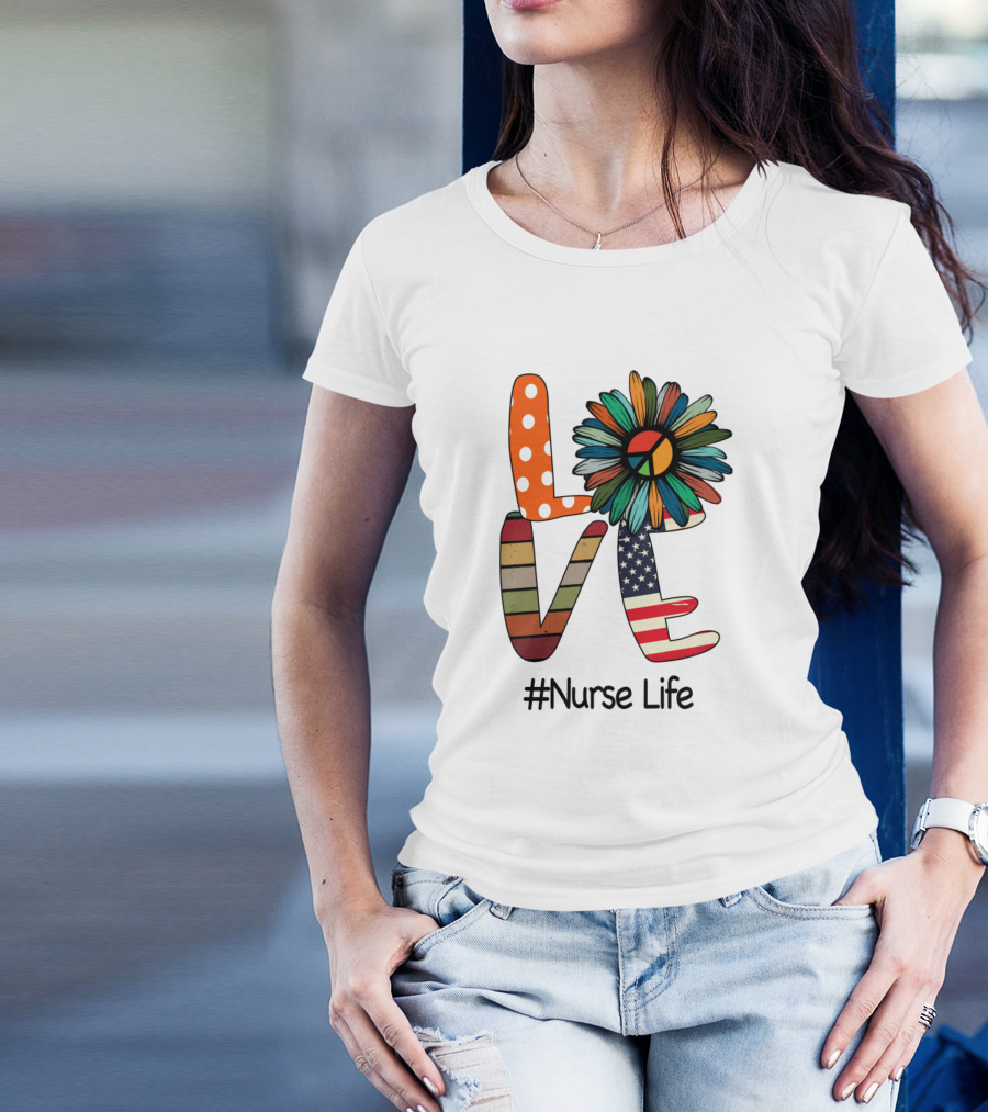LOVE Peace Flower American Flag #NurseLife T-Shirt